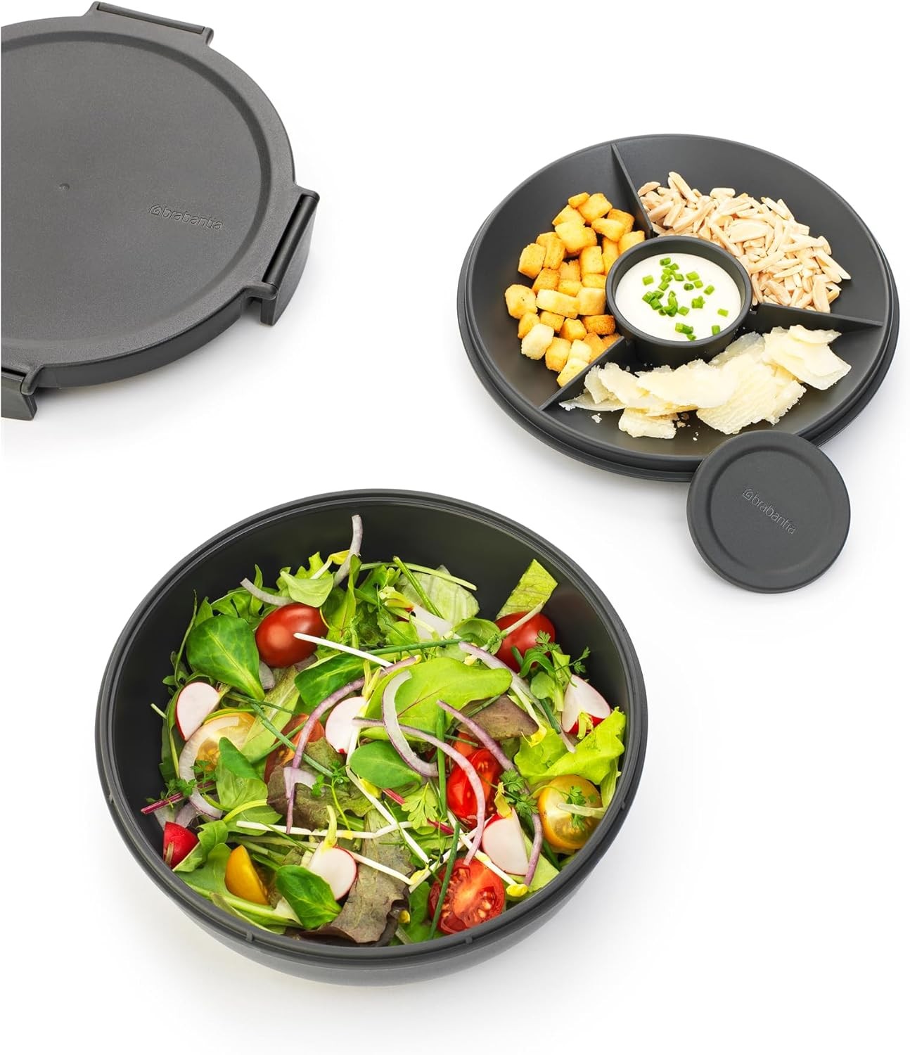 Make & Take Salad Bowl W/ Removable Tray Toppings & Dressings Dark Gray 100%