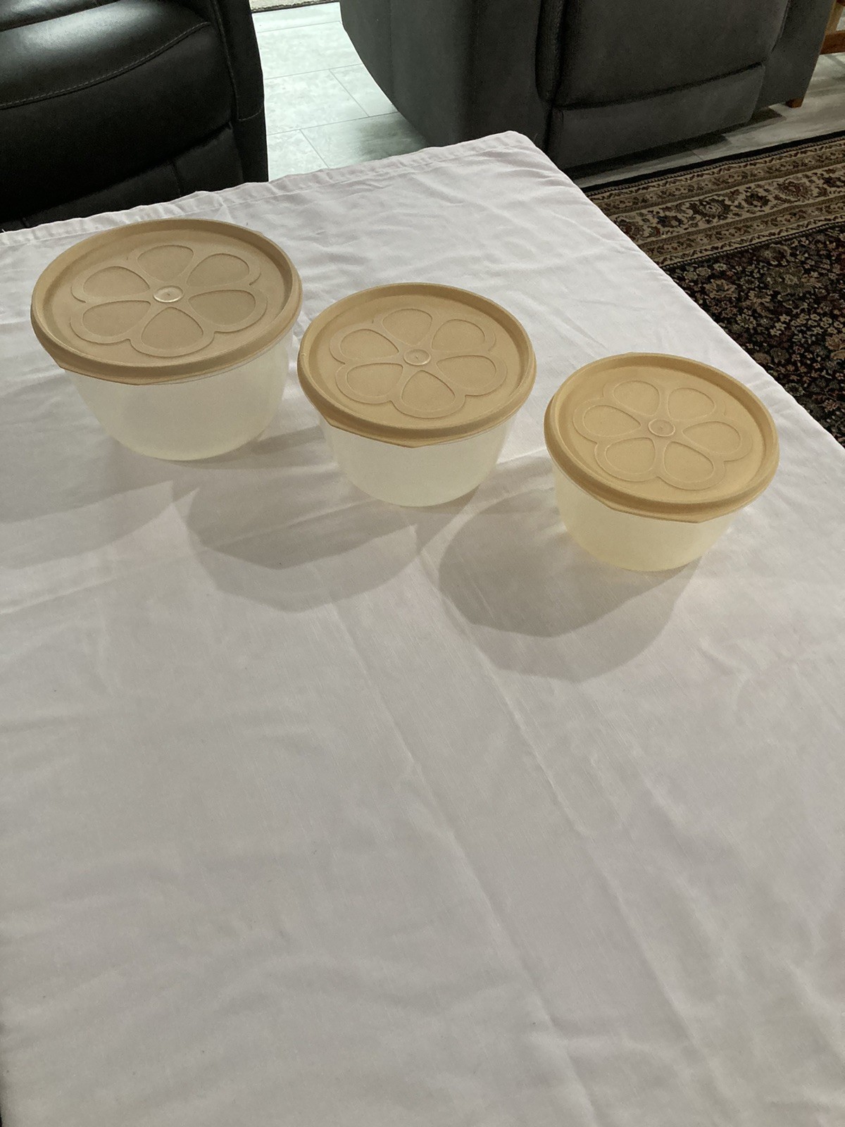 Vintage Rubbermaid Storage Nesting Bowls Set of 3 W/ Daisy Almond Lids