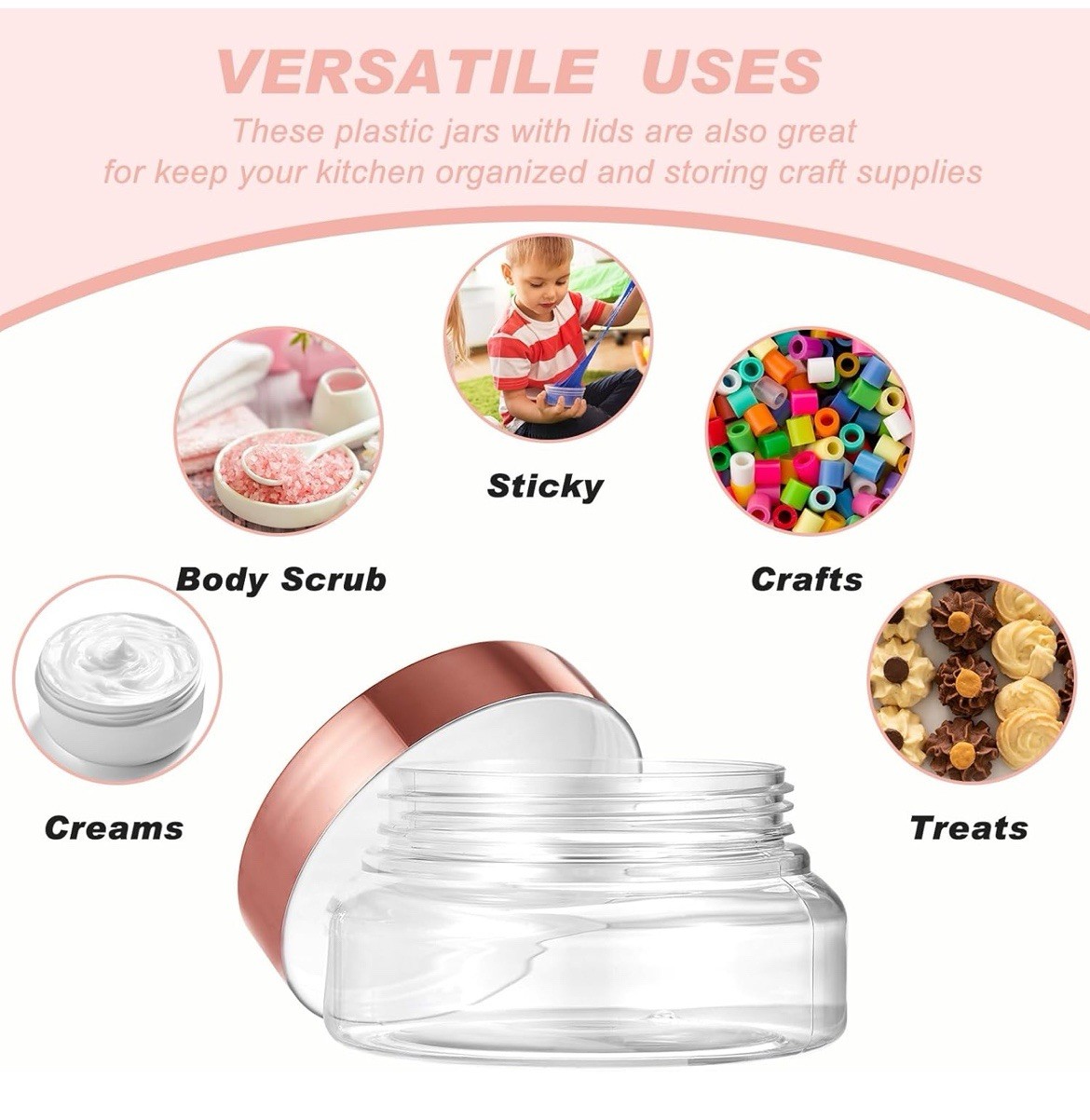 Tessco 24 Pack Plastic Jars with Lids Labels 5 oz, Clear, Rose Gold