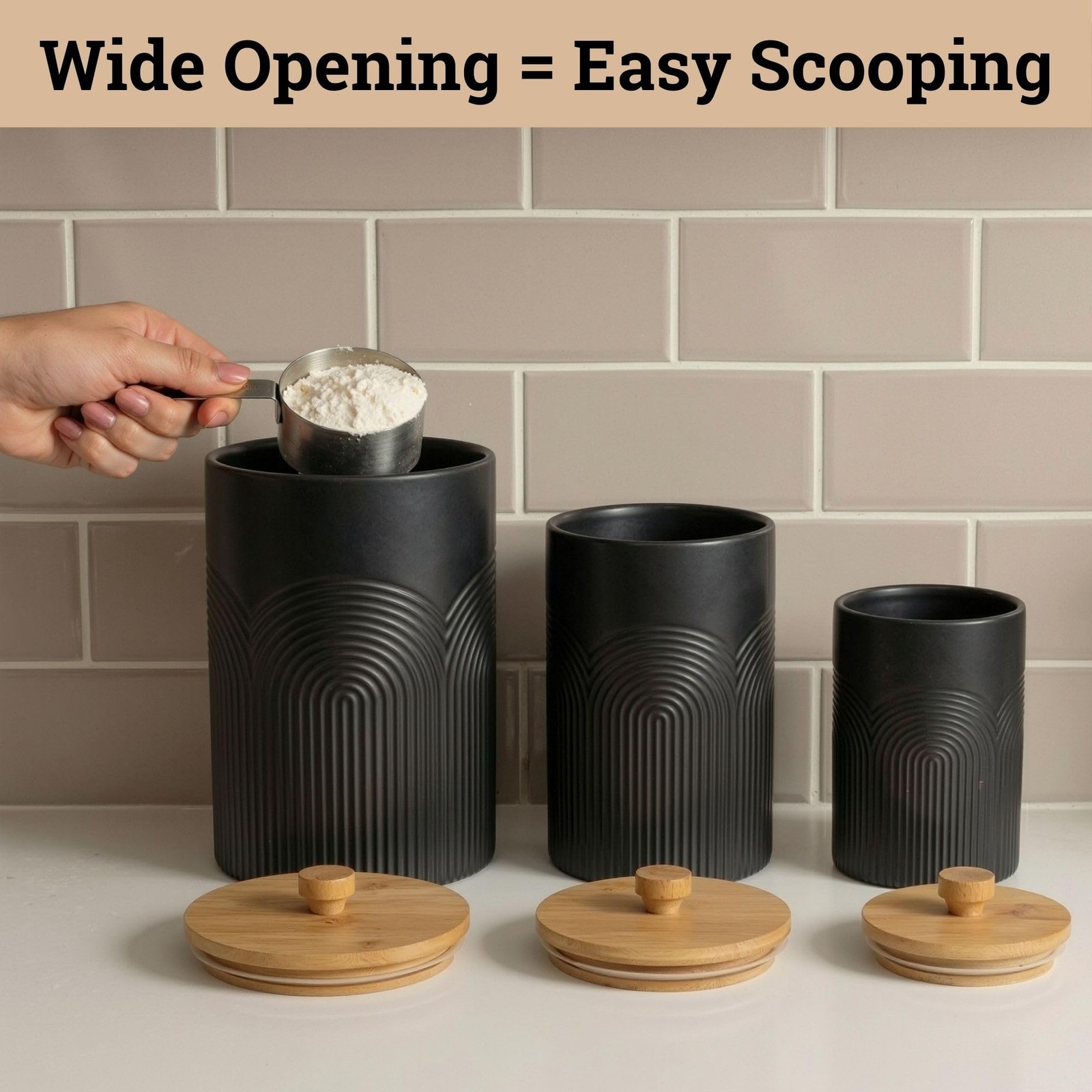 Ceramic Kitchen Canisters for Countertop Set of 3 with Airtight Bamboo Lids -…