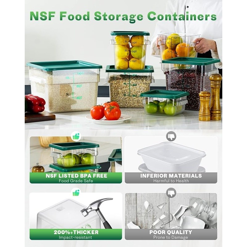 Clear Food Storage Container Set 8Qt 4PCS W/ Labels Marker Measuring Cups New