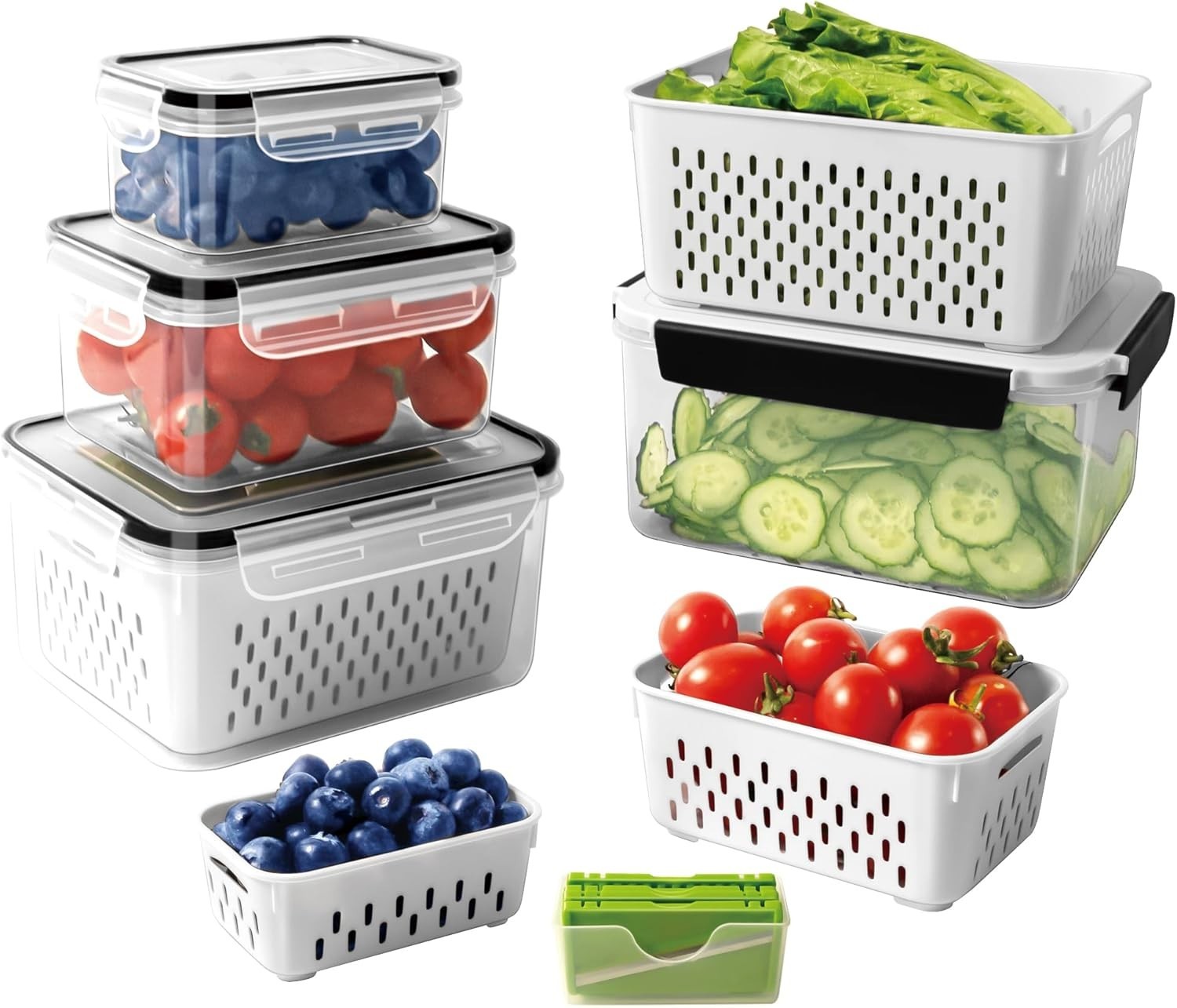 4 PCS Fruit storage Containers for Fridge with Removable Colander and Chopper
