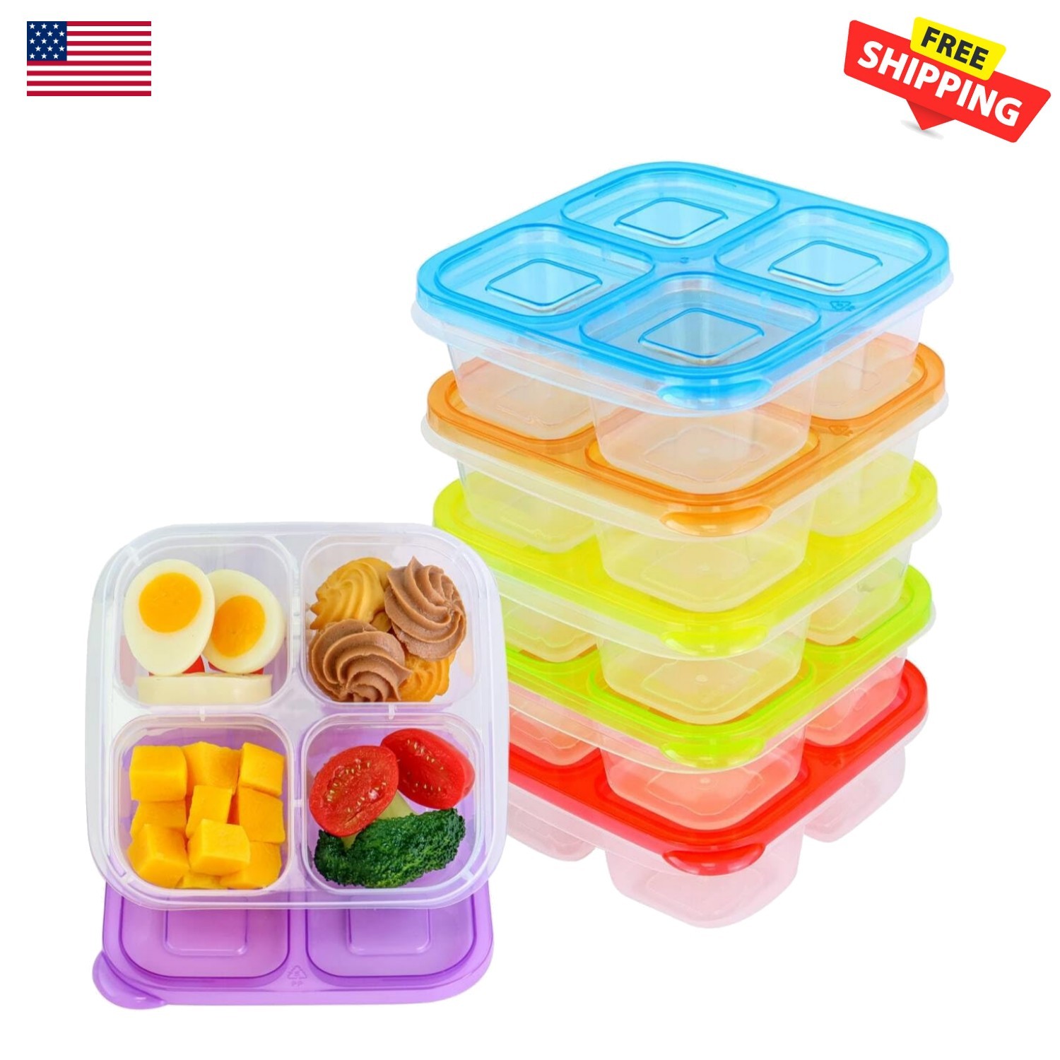 Classic Color 4-Compartment Meal Prep Containers: Set of 6, Microwave Safe