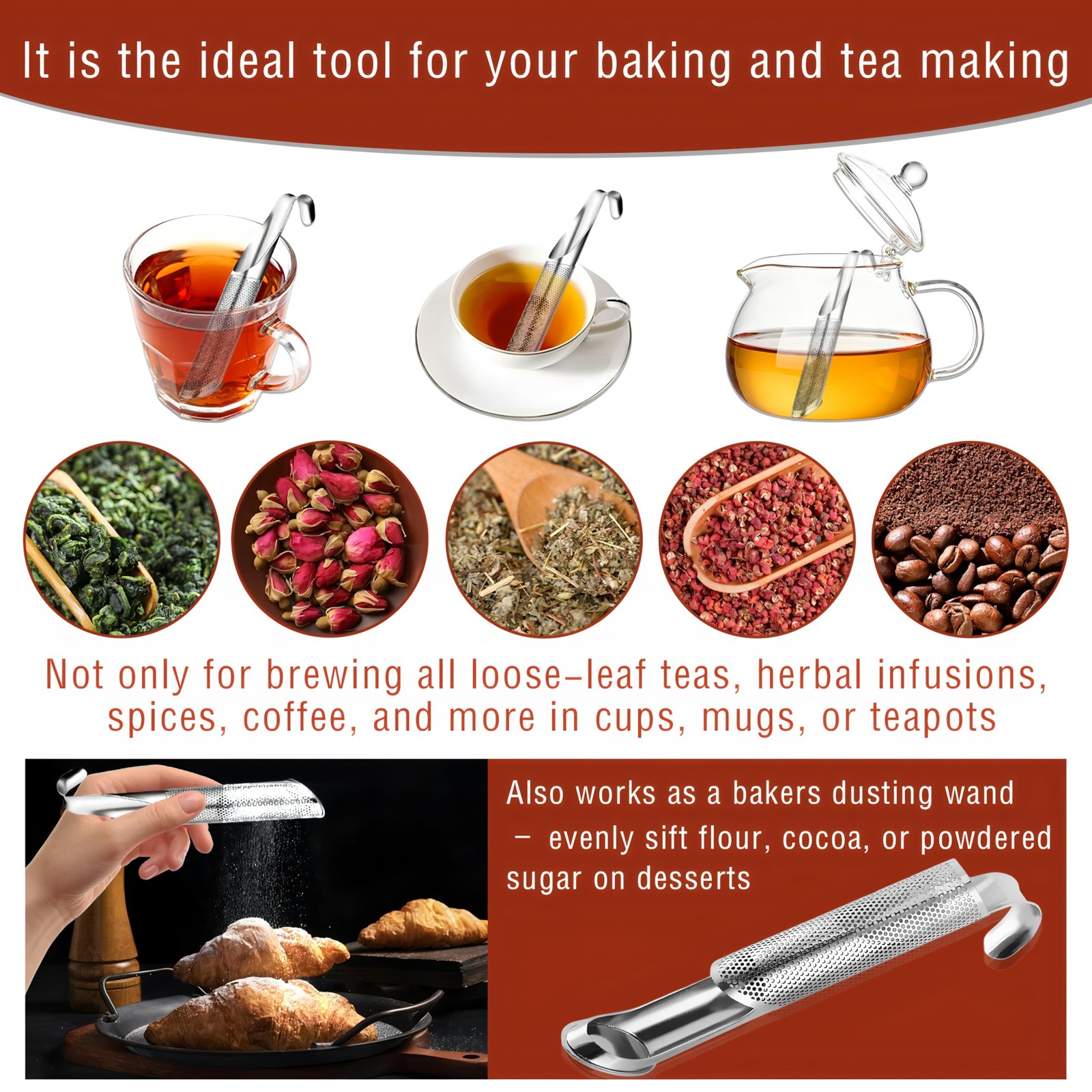 304 Stainless Steel Tea Infuser for Loose Leaf 14.6*2CM, Silver