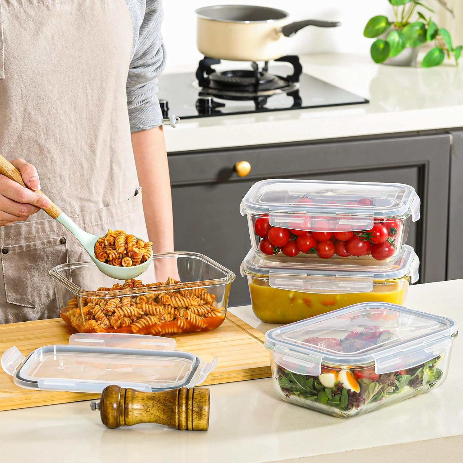 4 Pack 8 Cups/ 63Oz Large Glass Storage Containers with Lids, Meal Prep Containe