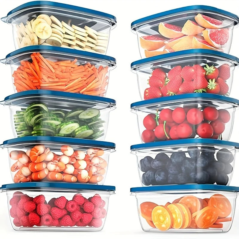 Set of 6 Stackable Food Storage Containers Transparent Blue Lid Measuring Cup