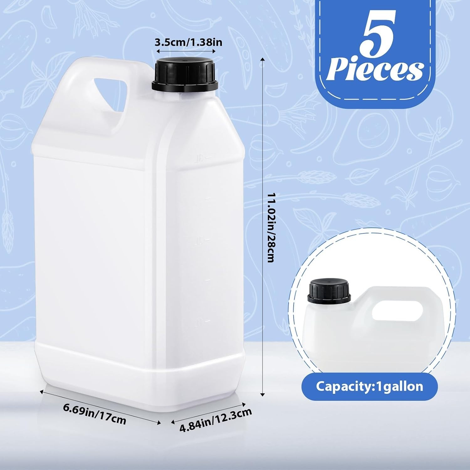 HDPE Plastic Storage Jugs with Lids Five Pack One Gallon for Home and Commercial