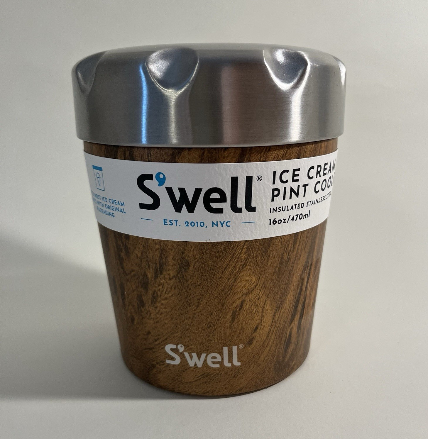 S’well Ice Cream Pint Cooler 16 oz/470 ml Stainless Steel Screw Lid Wood Grain