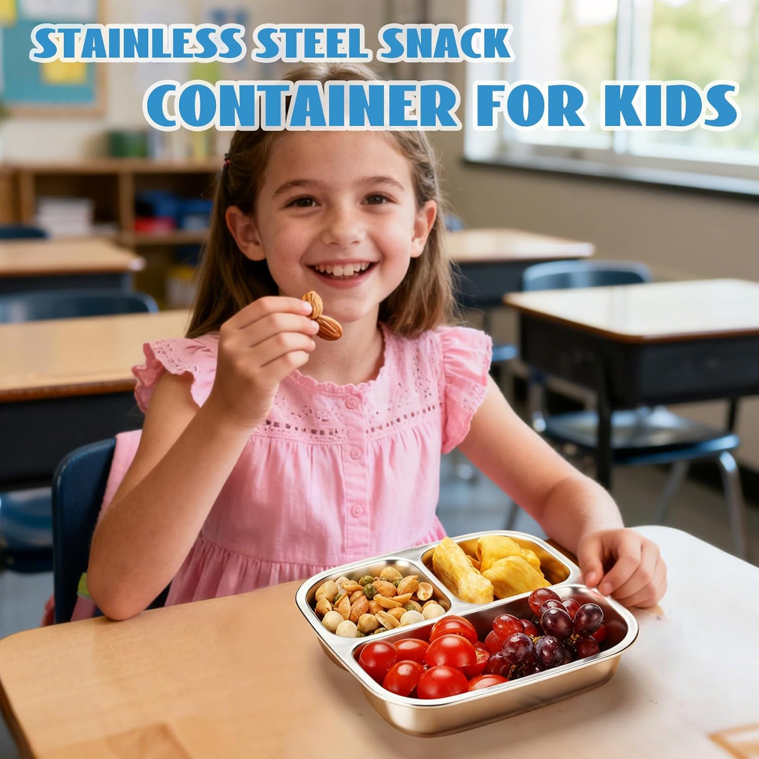 Stainless Steel Snack Containers, 3 Compartments Reusable on and Go Bento Box wi