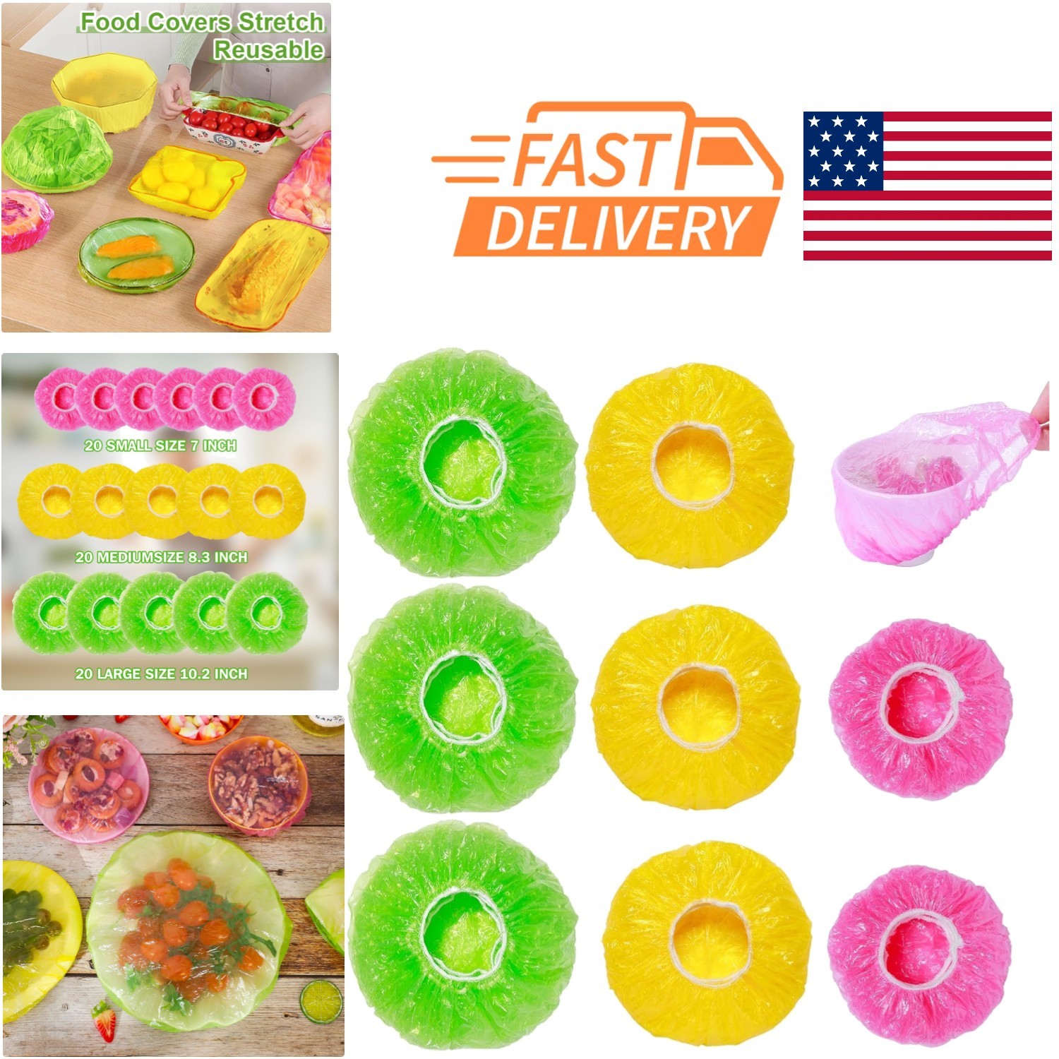 Reusable Bowl Covers Set of 60 Plastic Elastic Food Wraps for Outdoor Picnics