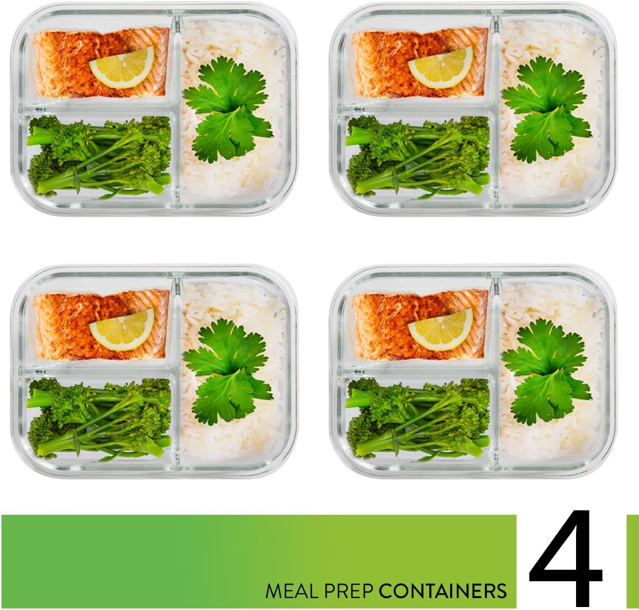 PrepNaturals 4 Pack 34 Oz Glass Meal Prep Containers – Dishwasher Microwave Free