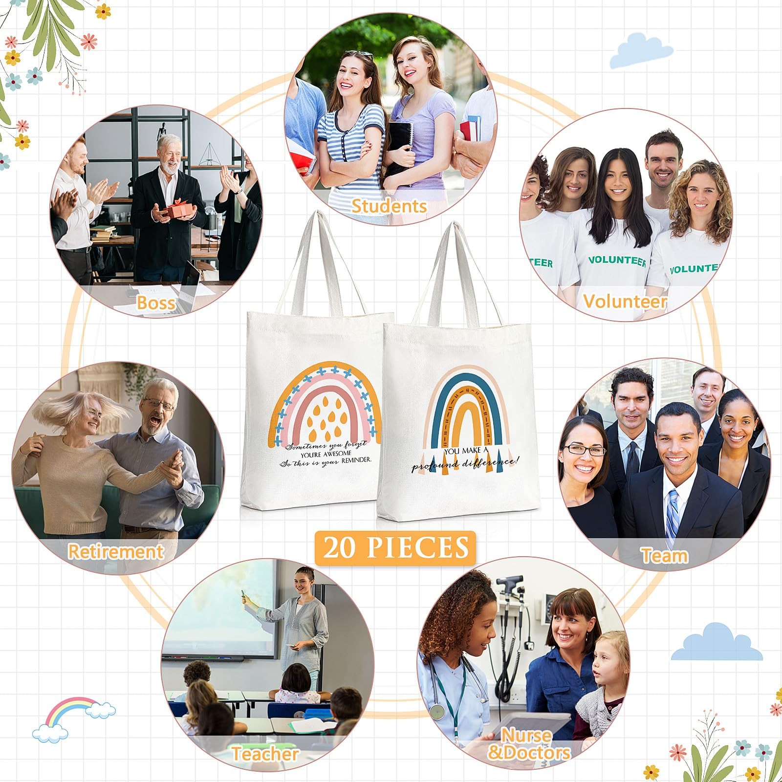 Sadnyy 20Pcs End Of Year Teacher Gift Rainbow Appreciation Gifts Canvas Tote