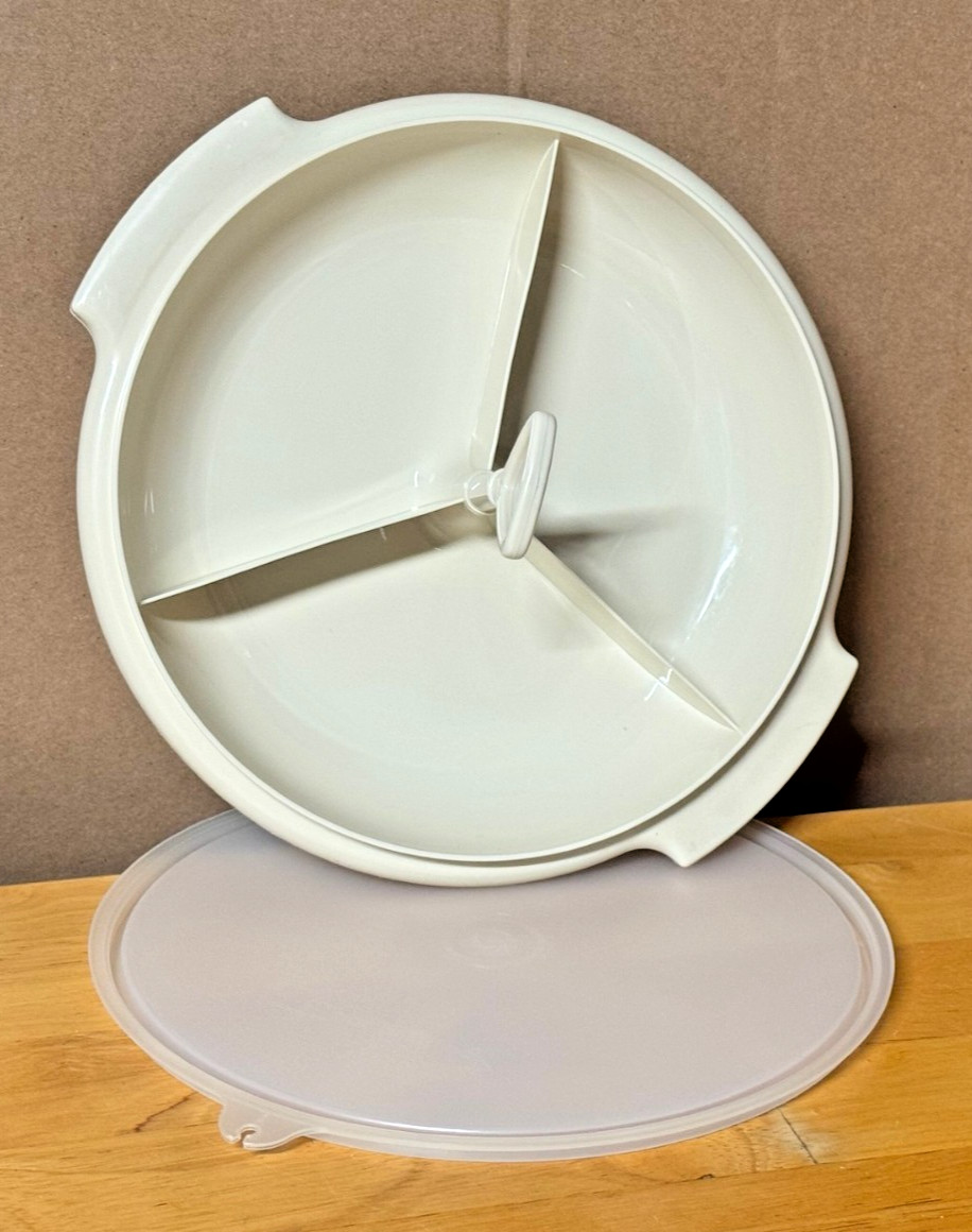 Vintage Tupperware Suzette Divided Party Relish Condiment Tray 608-17 Almond 3pc