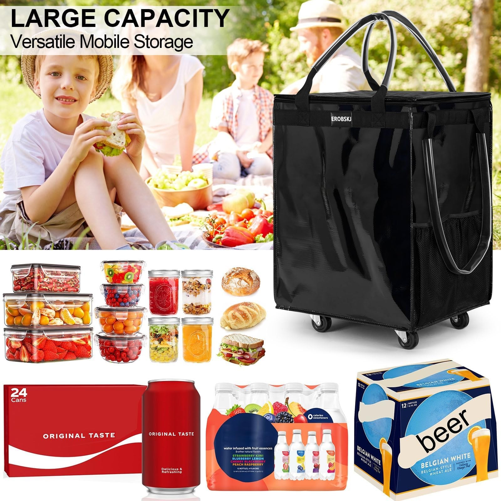 Black 70L Foldable Rolling Grocery Bag on Wheels – Durable & Portable Cart 66lb
