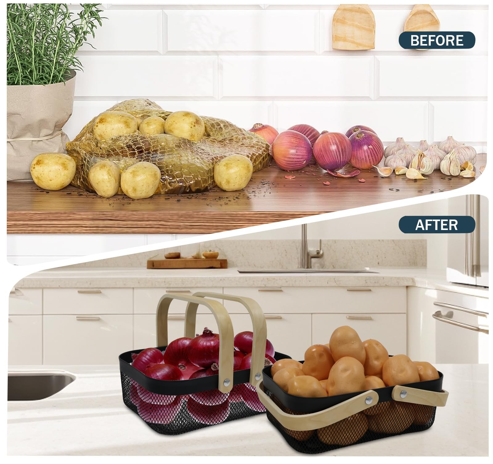2 Set Potato Onion Storage Bin Fruit Basket Metal Wire Wooden Handle Black