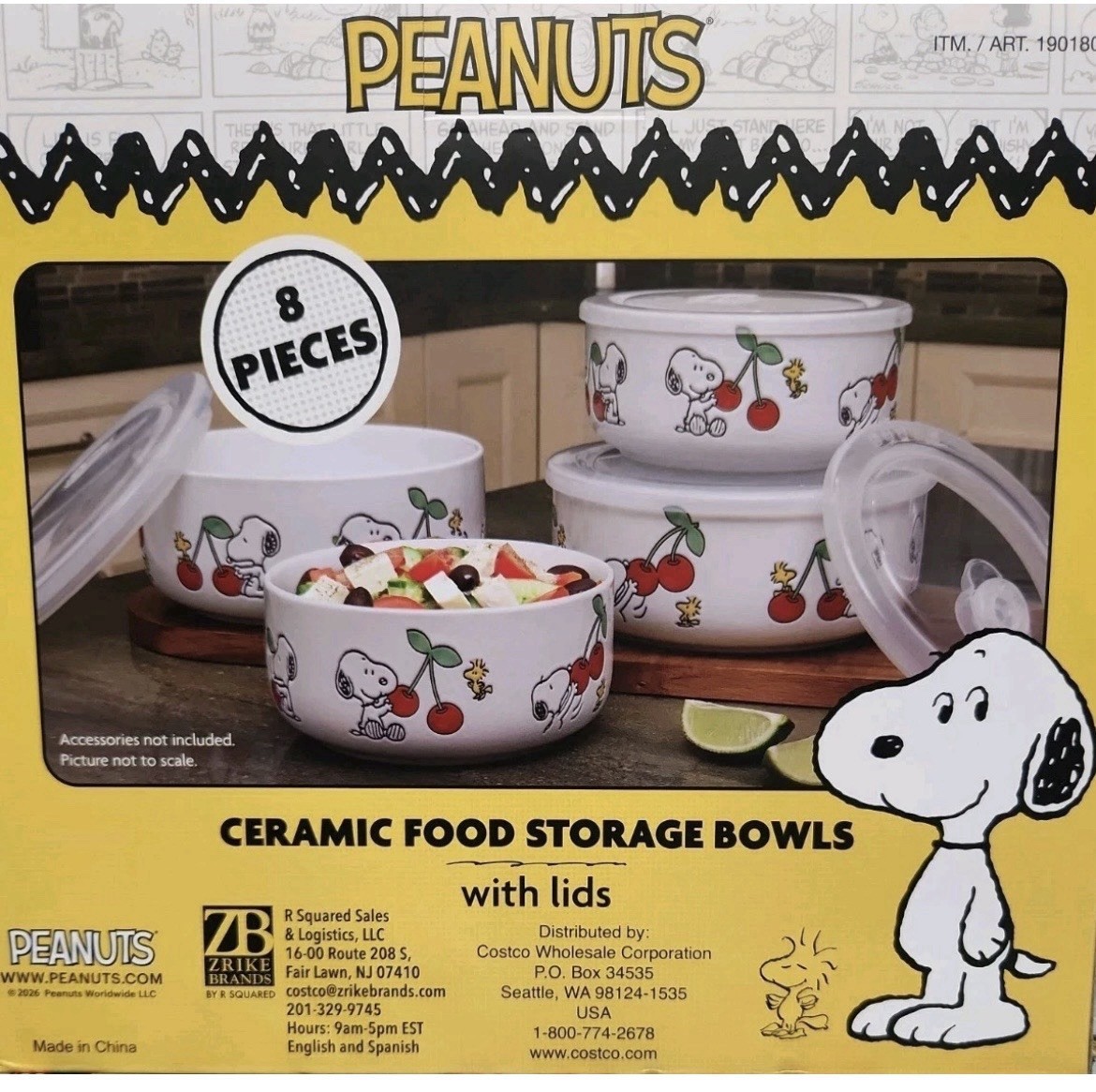 PEANUTS 8 Piece Ceramic Food Storage Bowls w/ Lids Peanuts & Cherries 🍒