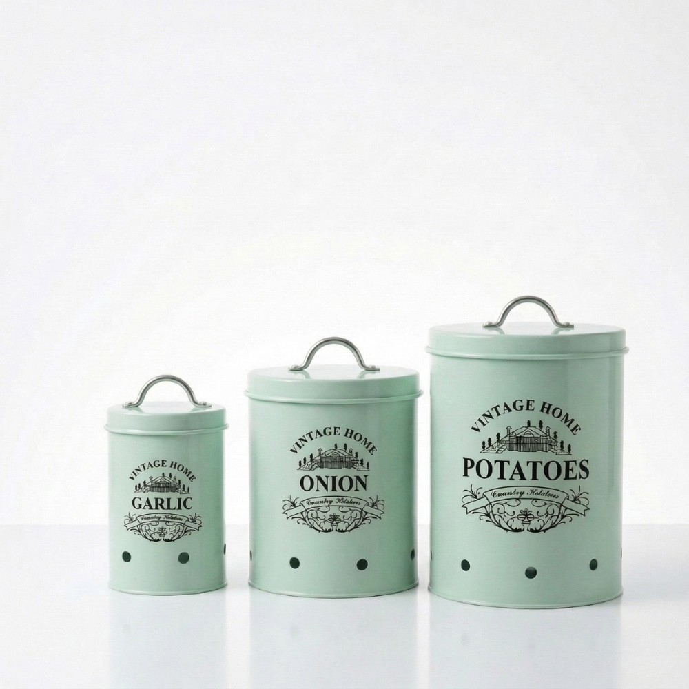 Vintage Style Green Onion Potato Garlic Storage | Set of 3 | Round Metal made