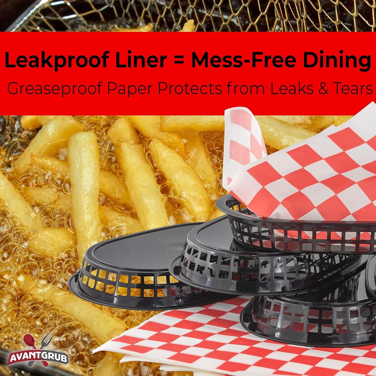 Classic Black Fast Food Baskets with Disposable Checkered Liners – 12 Piece Set