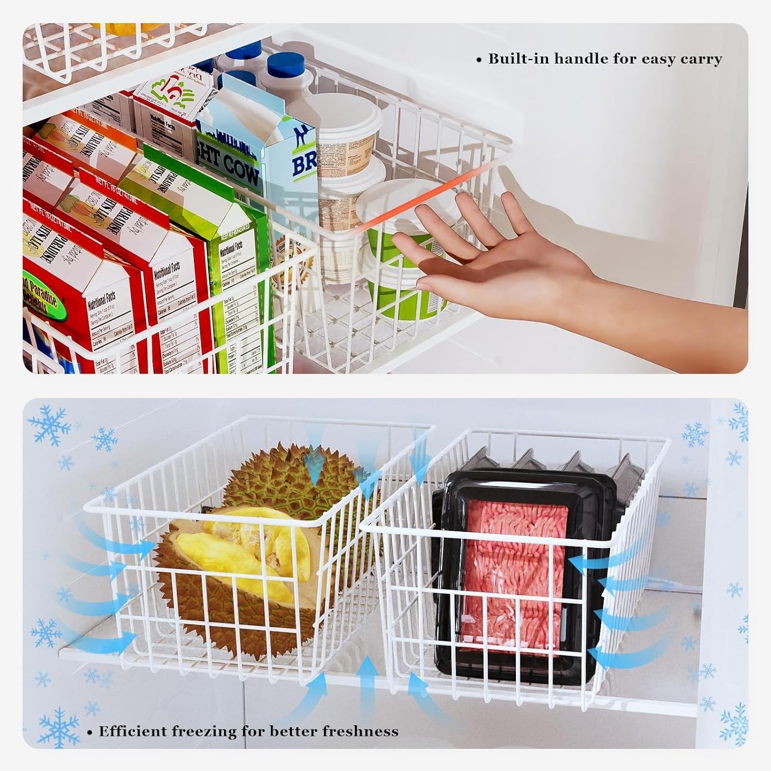 Freezer Organizer Bins 5 Pcs – Sturdy White Metal Baskets, 570 Cu In Capacity