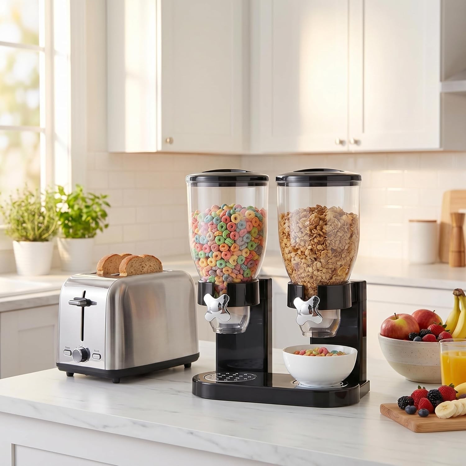 Honey-Can-Do Dual Dry Food Dispenser, Airtight, 17.5 Oz Canisters, Black/Chrome