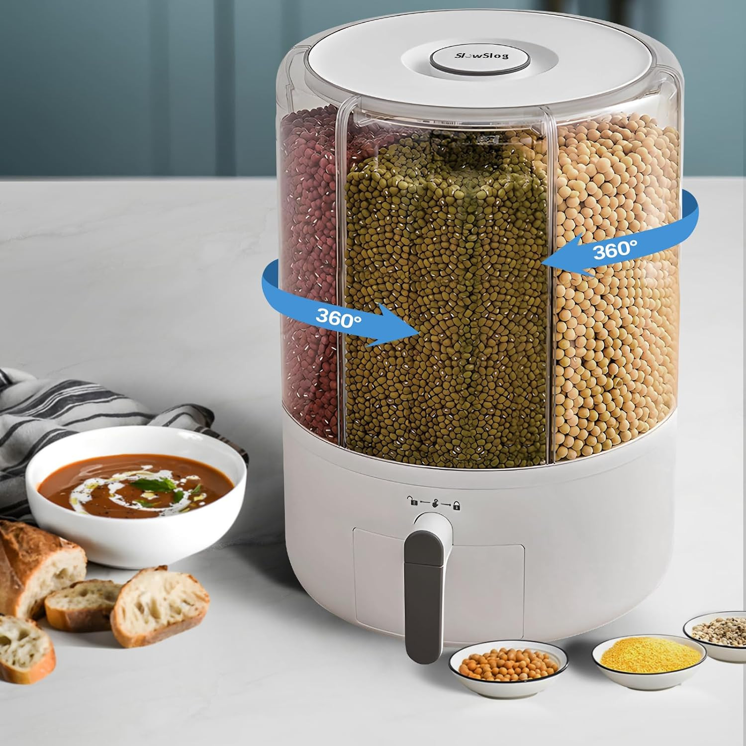 Airtight 6-Grid Rice & Grain Storage Dispenser, 25Lb Rotating Container