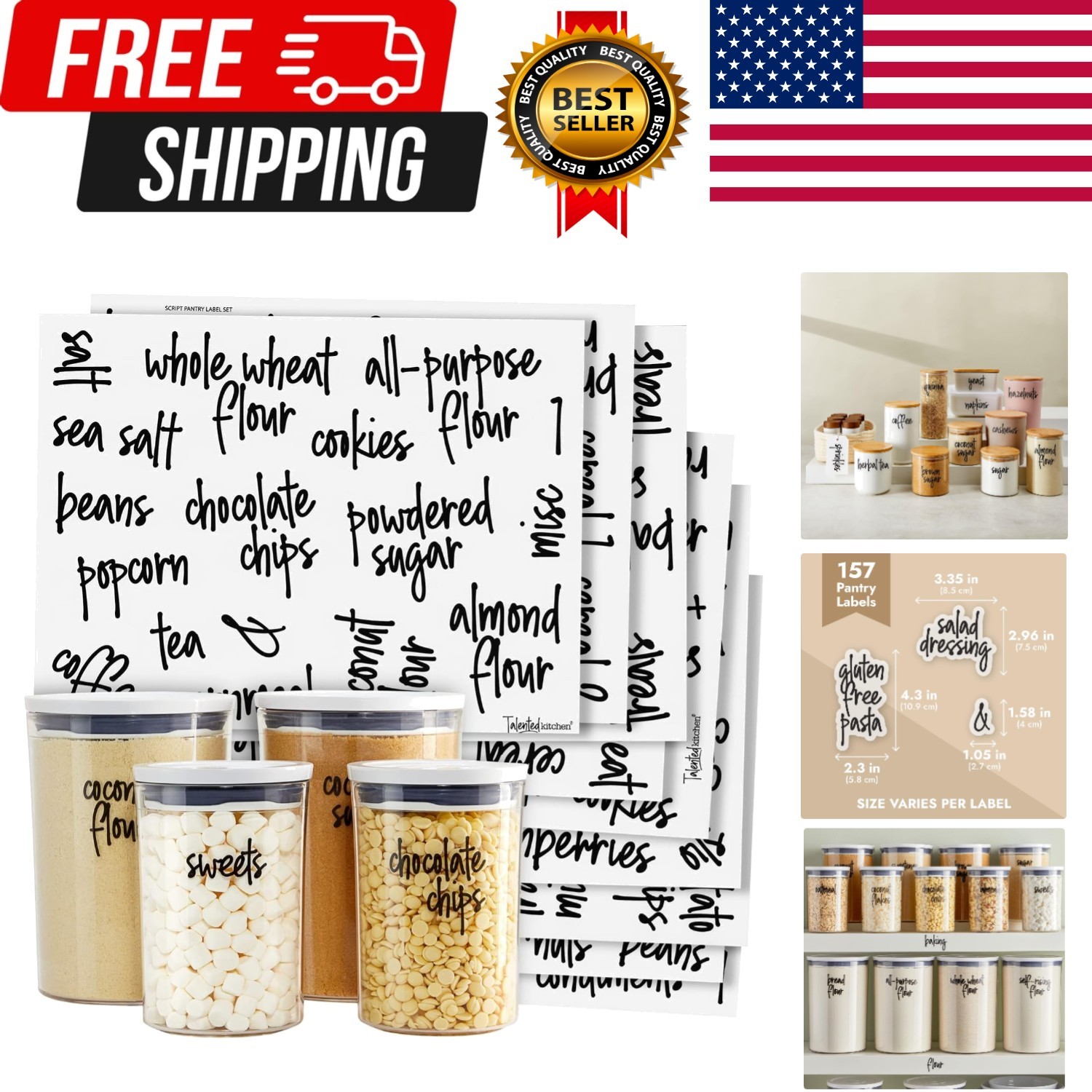 Pantry Labels for Food Containers – 157-Piece, Black Script Vinyl – Jar & Bin…