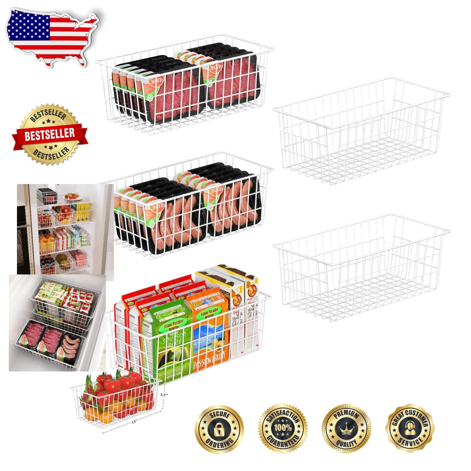 Freezer Organizer Bins 5 Pcs – Sturdy White Metal Baskets, 570 Cu In Capacity