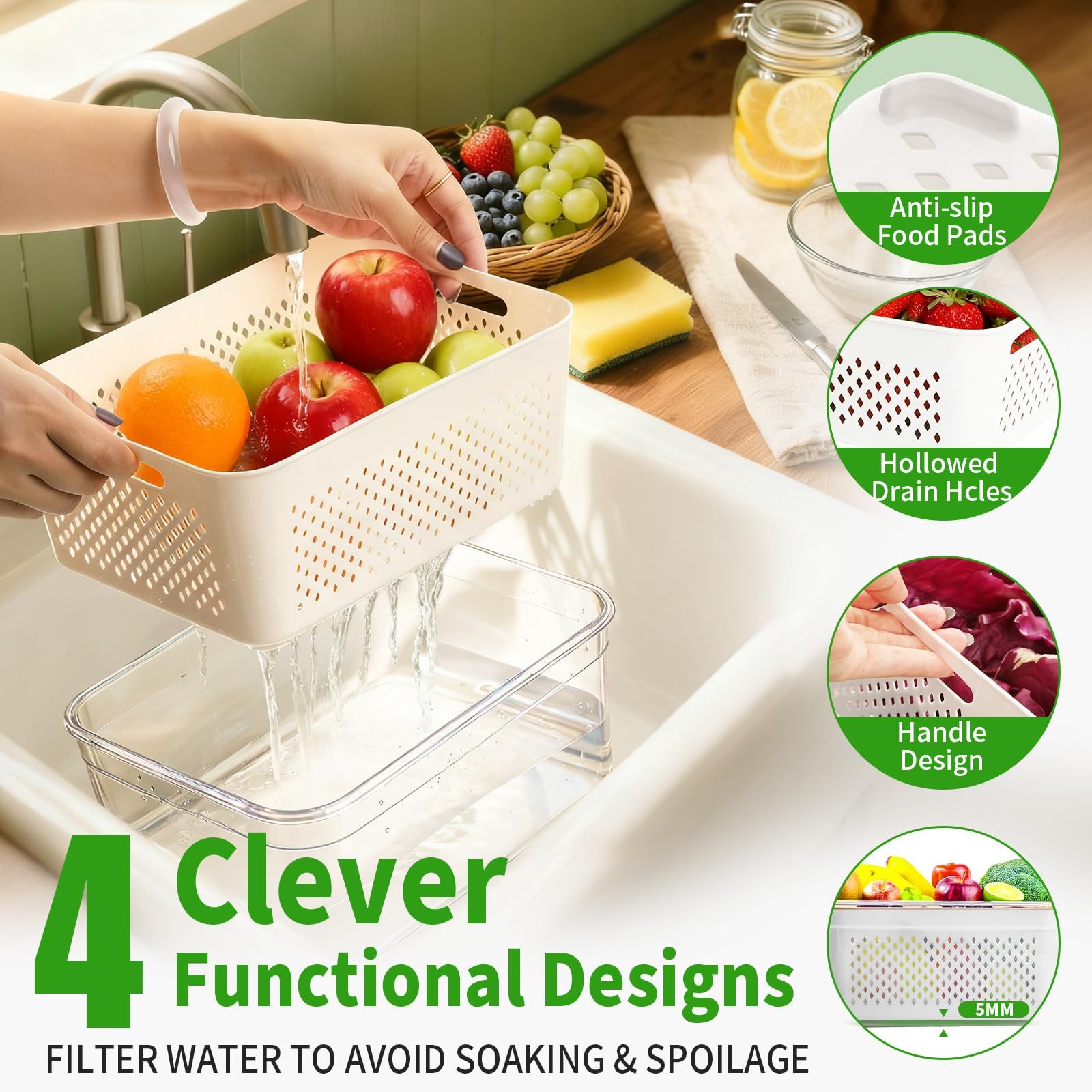 5-Pack Large Fruit Storage Containers for Fridge with Removable Colander, 2 i…
