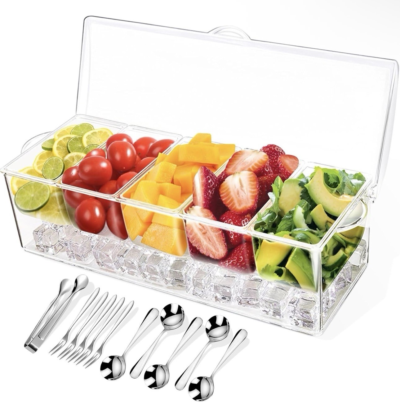 Condiment Tray with Stainless Steel 5 Spoons, 5 Forks and 1 Clip