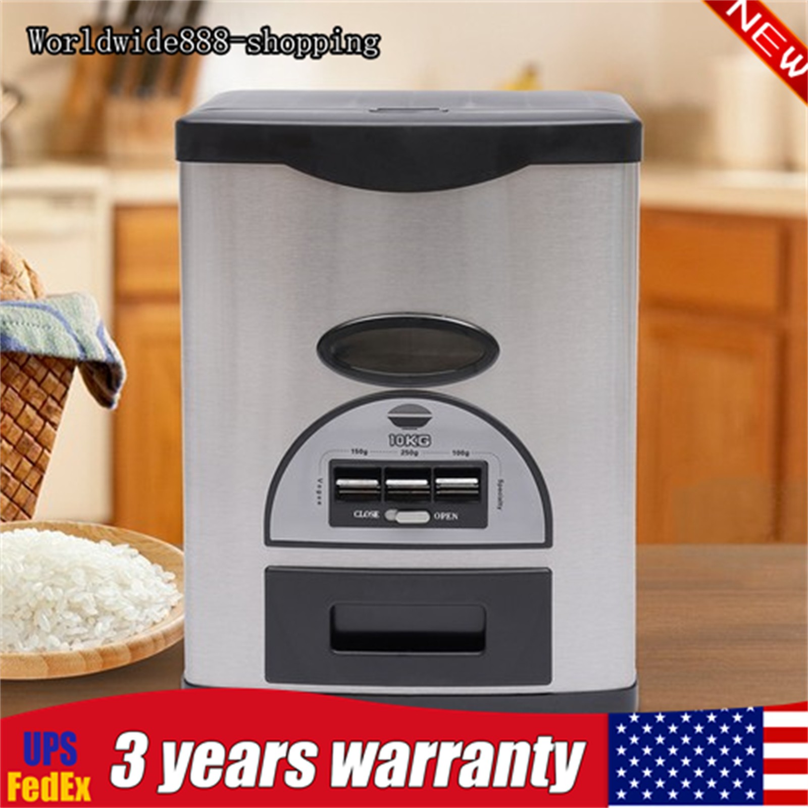 22lb Rice Dispenser Auto Rice Dispenser Stainless Steel Rice Storage Box Black