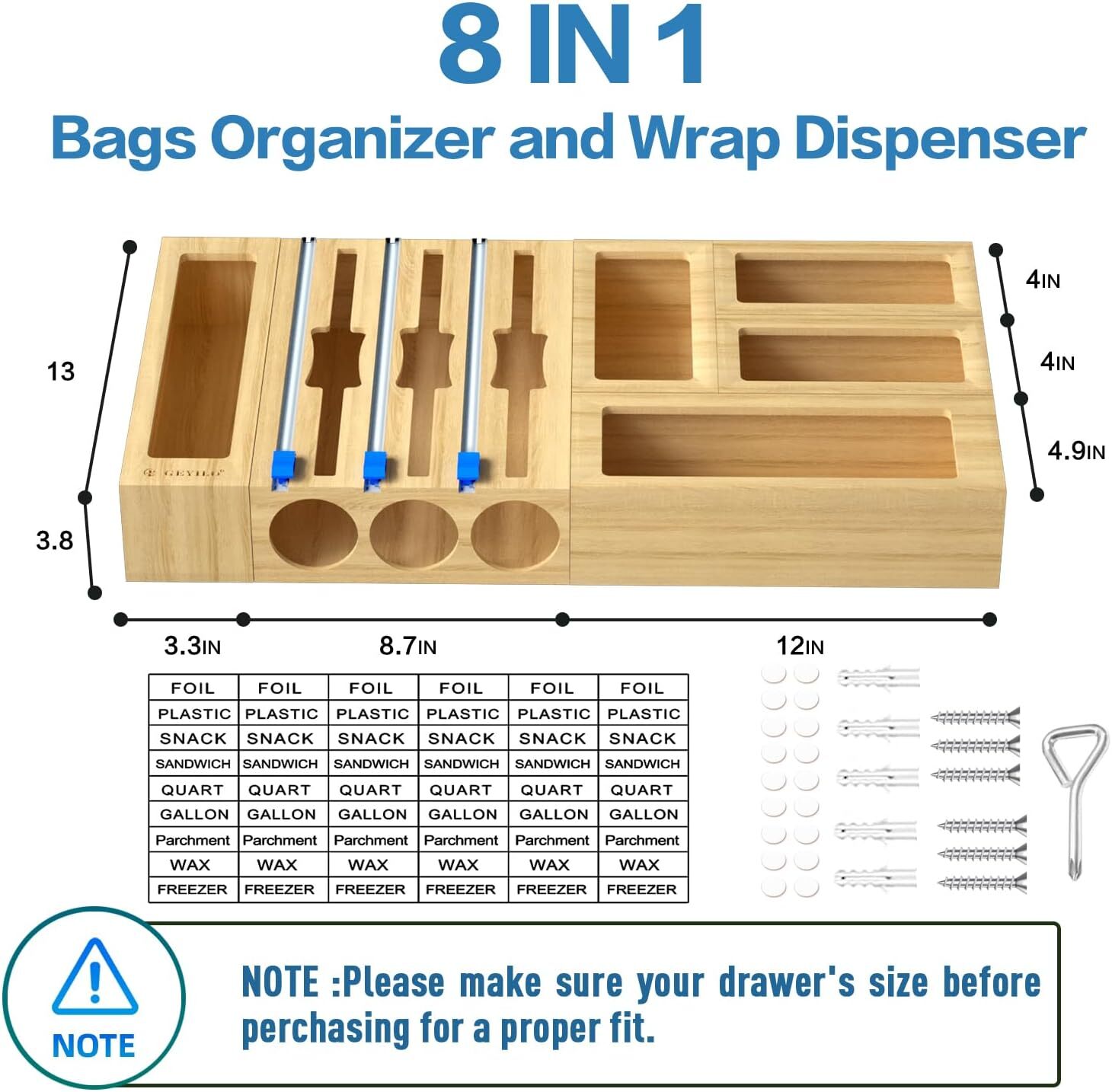 8PCS Bamboo Storage Bag Organizer for Kitchen Drawer With Cutters and Labels