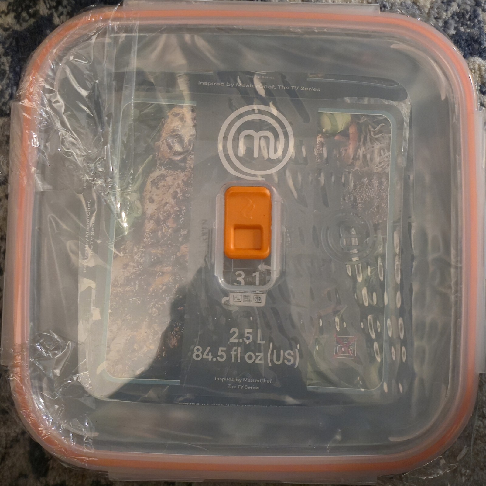 MasterChef Glass Dish With Locking Lid 2.5L Clear Orange Microwave Safe