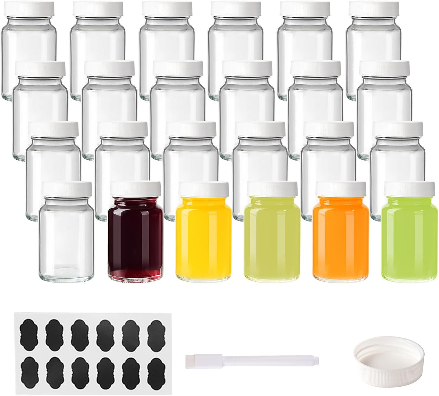 24 Pack 2 Oz Reusable Small Glass Bottles with Lids, Wellness Shots Bottles for