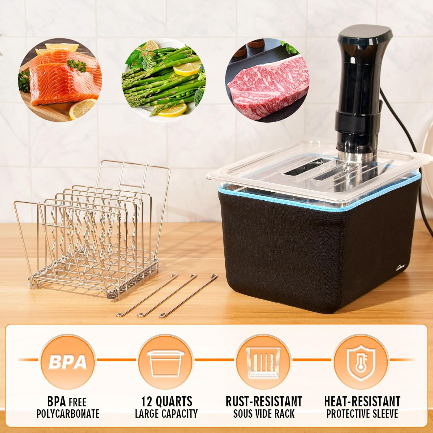 Sous Vide Container Kit 12 Qt with Lid Rack Sleeve Compatible with Most Cookers