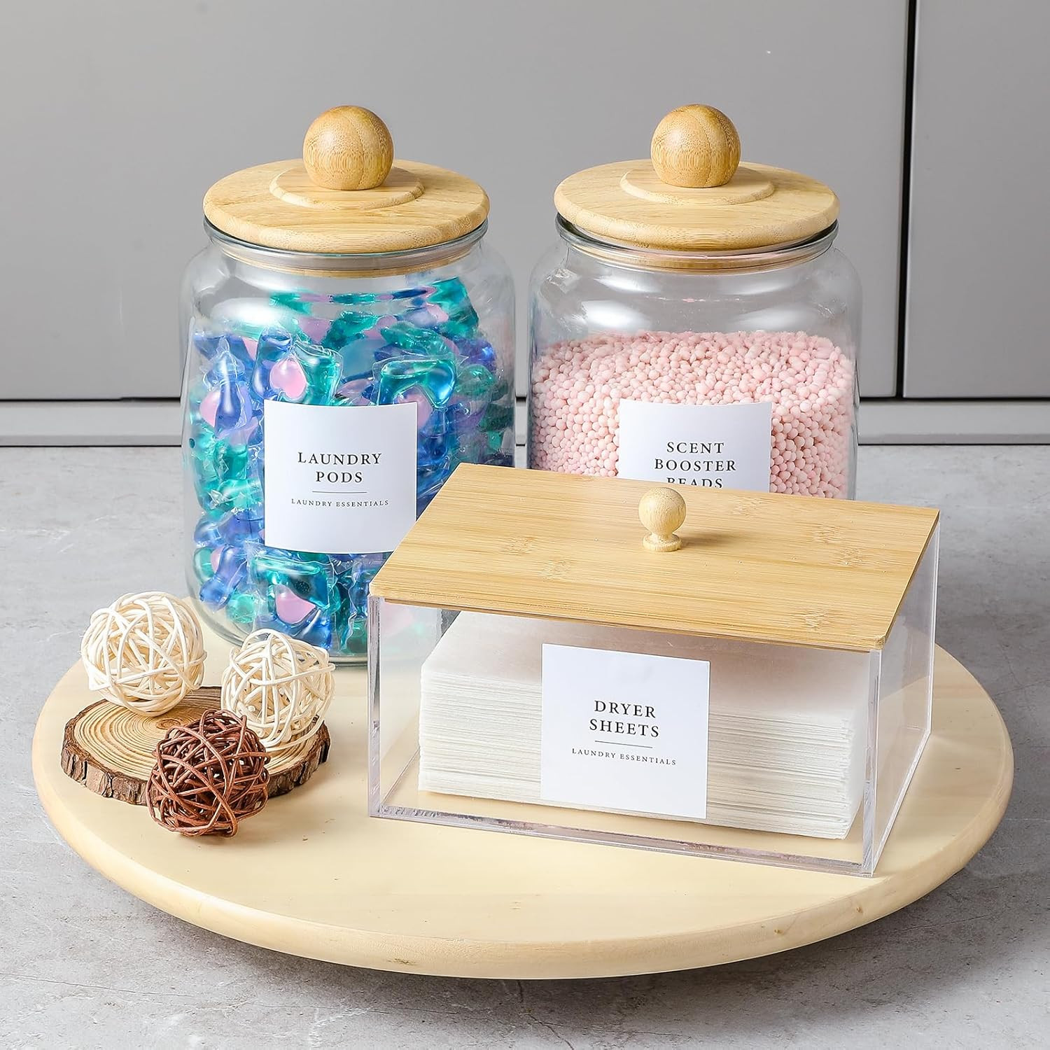Glass Jars and Dryer Sheet Holder with Bamboo Lids, Dispenser Set and Labels, Co