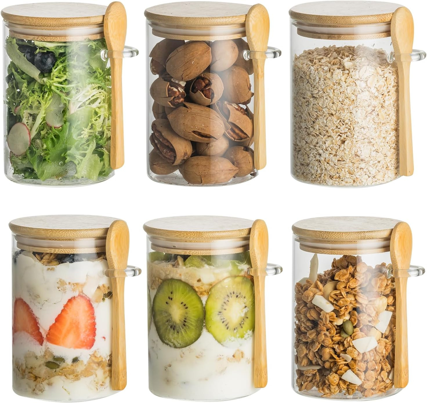 6 Pack 16Oz Glass Jars with Bamboo Lids and Spoons,Overnight Oats Container