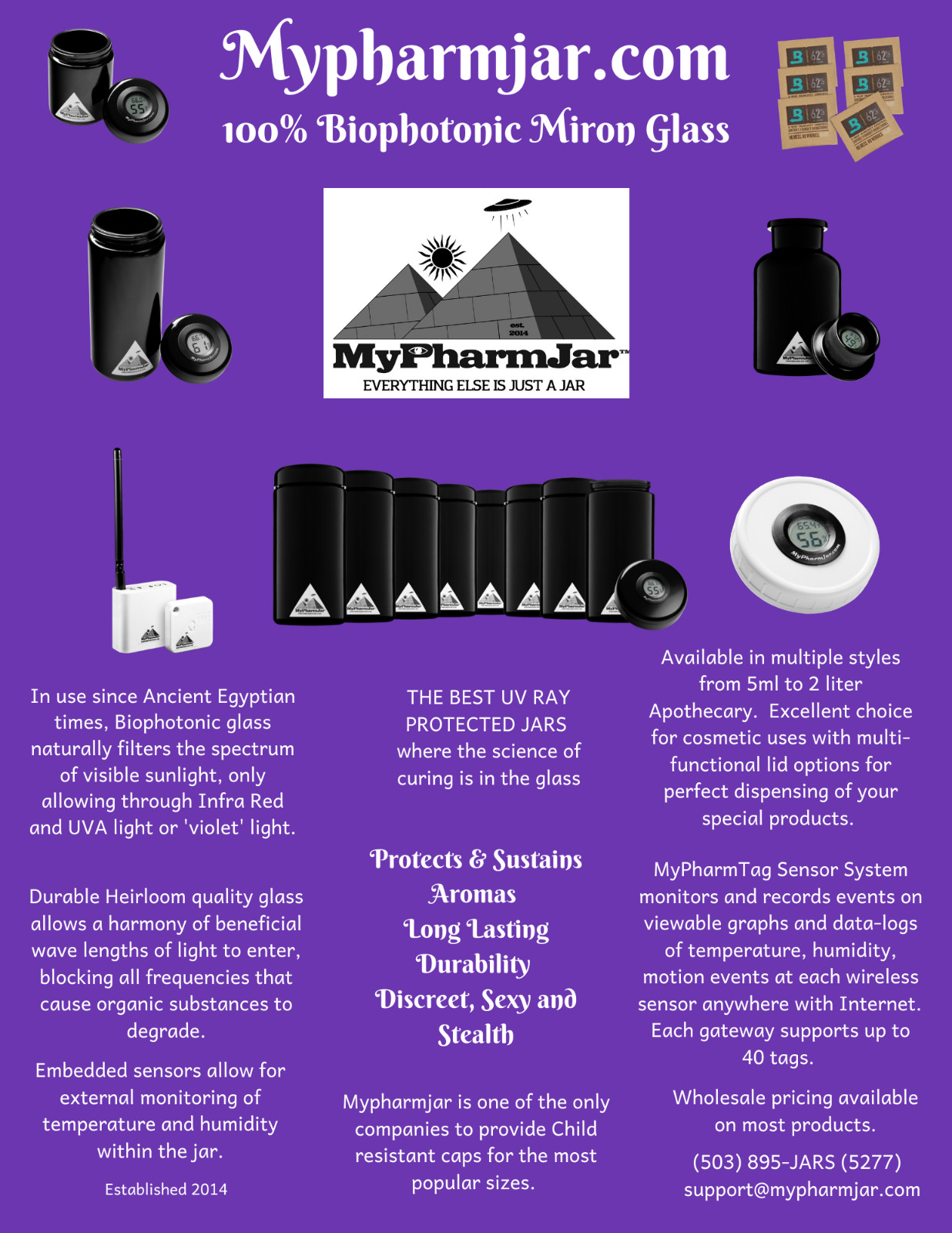 MyPharmJar Miron Glass Storage Jar 250ml w/digital humidity/temp sensor 2-Pack