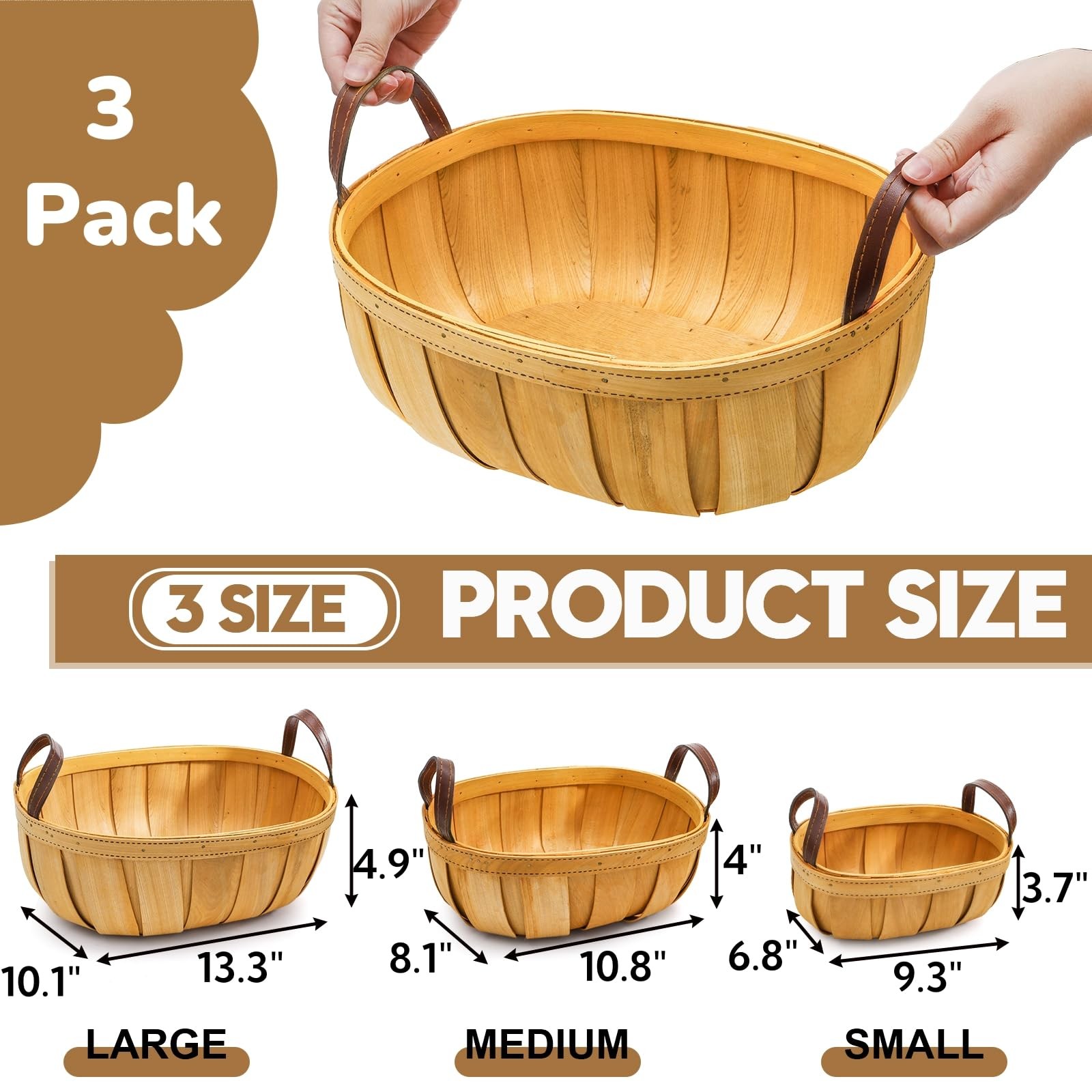 3 Pack Wooden Bread Baskets, Wood Chip Picnic Basket with Handles, Handmade W…