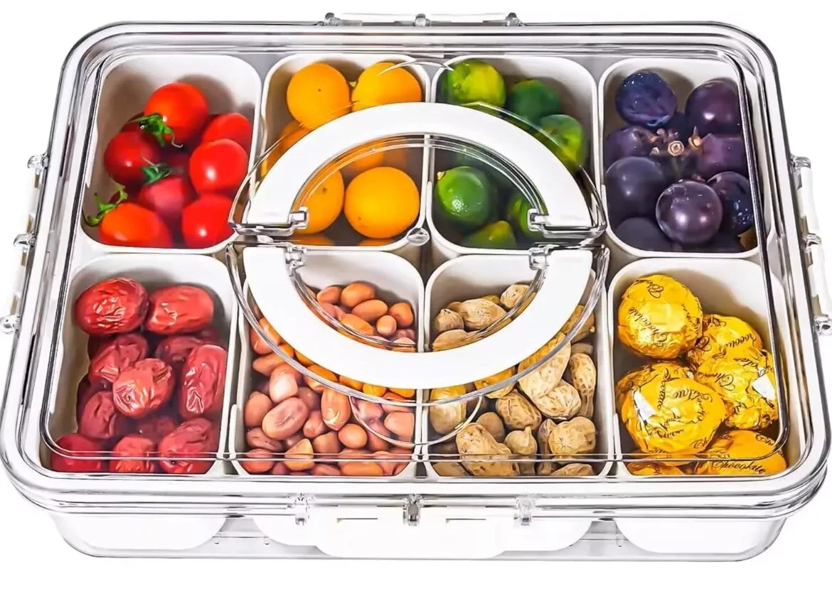 Snackle Box Container, Divided Serving Tray with Lid and Handle, Snack Box