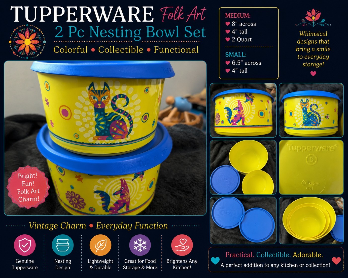 Tupperware 2 Pc Nesting Storage Bowl Set Folk Art Cat Fox Yellow Blue 2Qt &…