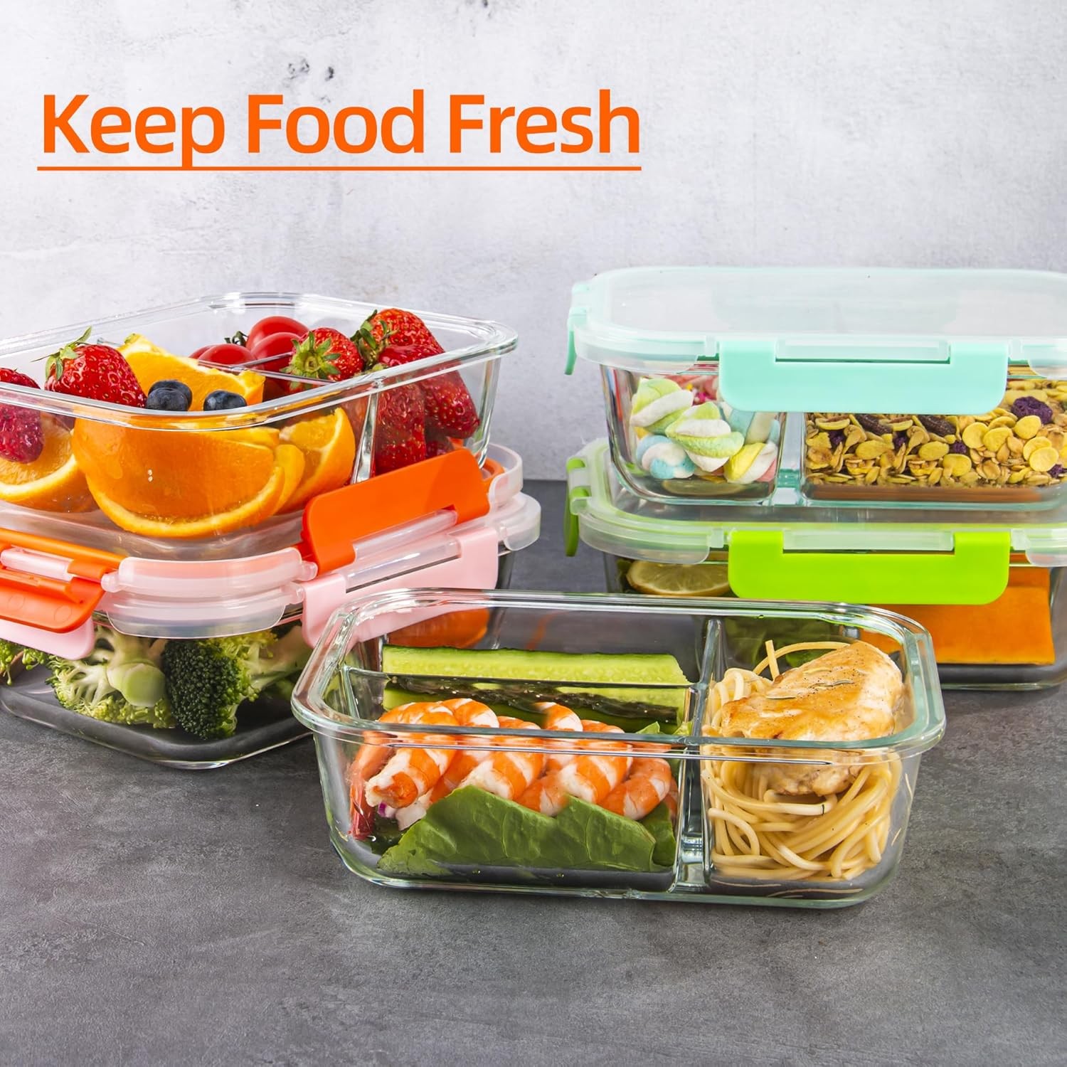 Glass Food Storage Containers 3 Compartment with Lids (5 Pack, 34oz), Divided Gl