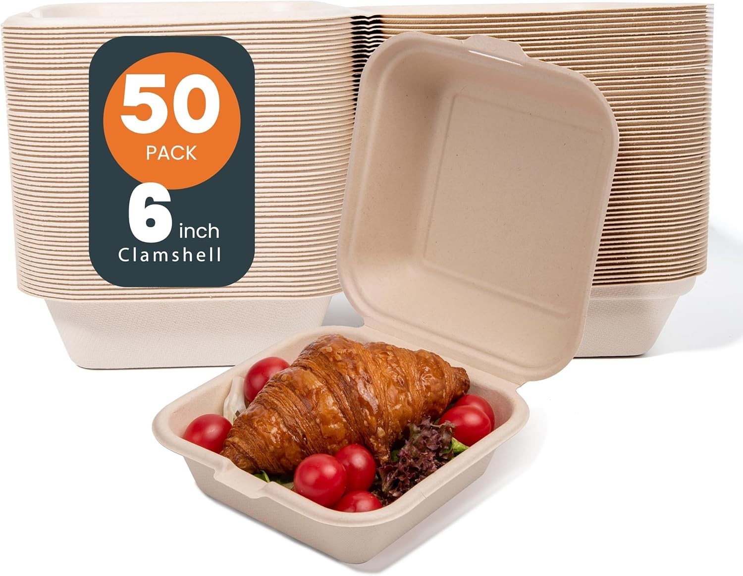 To Go Containers Disposable 6×6 50 Pcs Natural Clamshell Take Out Food Contain
