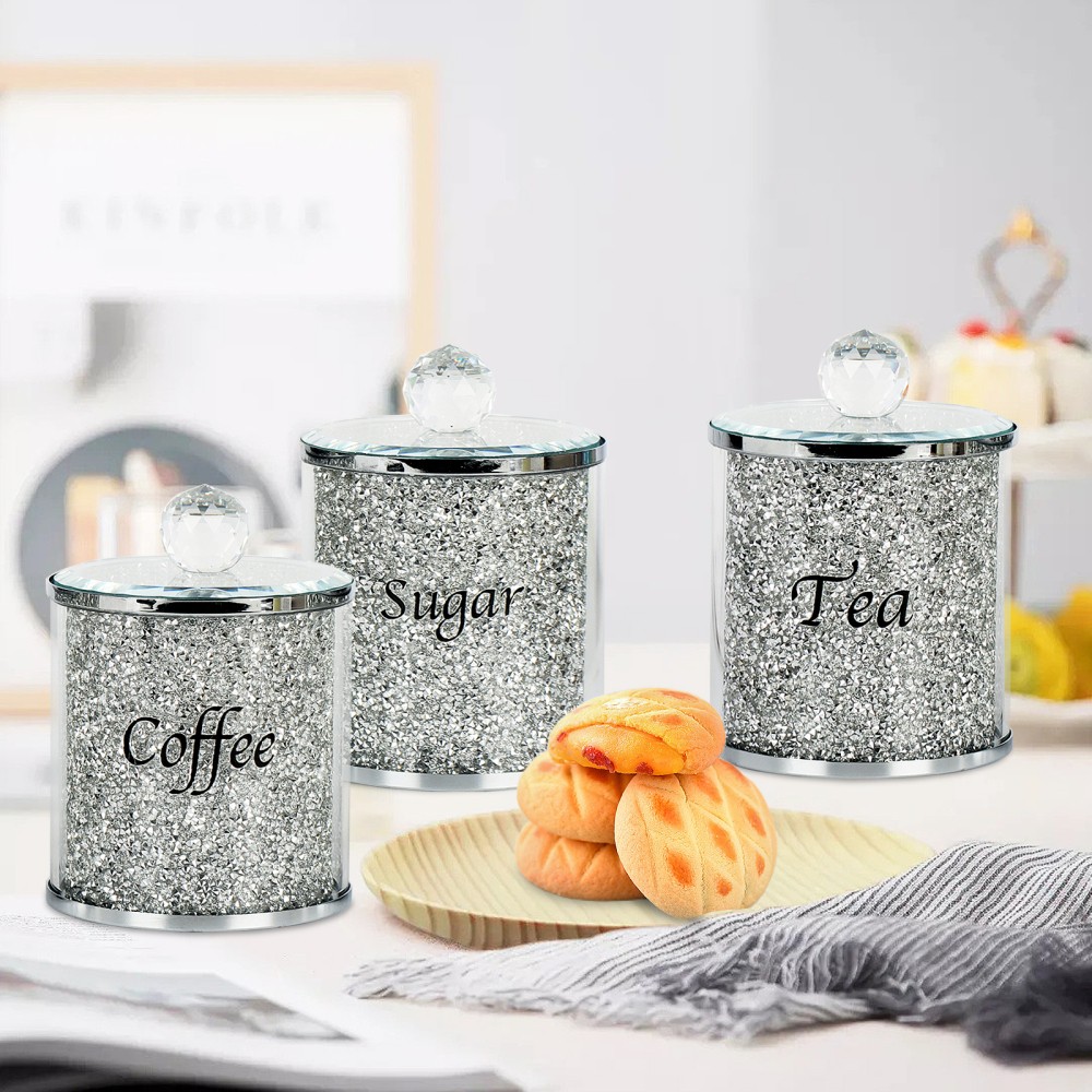 3 Pack Coffee Sugar Tea Container Canister Crushed Diamond Decoration Jar Glass