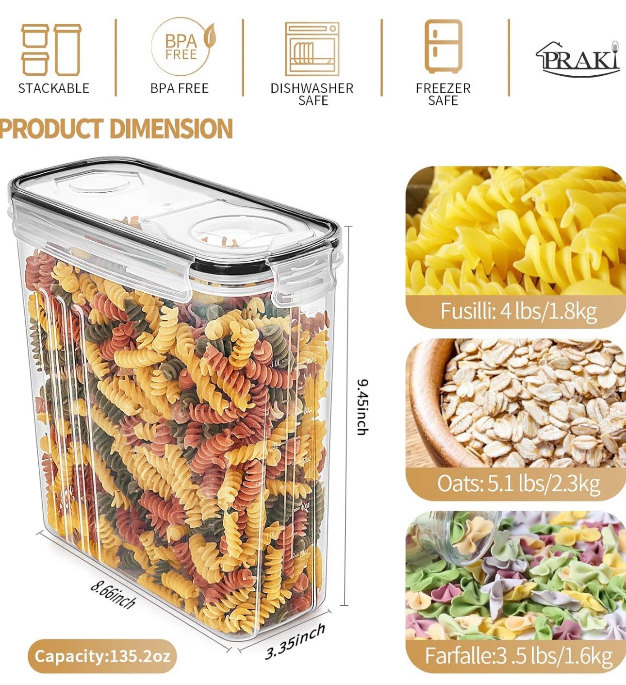 PRAKI Cereal Containers Storage Set (4L,135.2 Oz), 4PCS Airtight Food Storage…