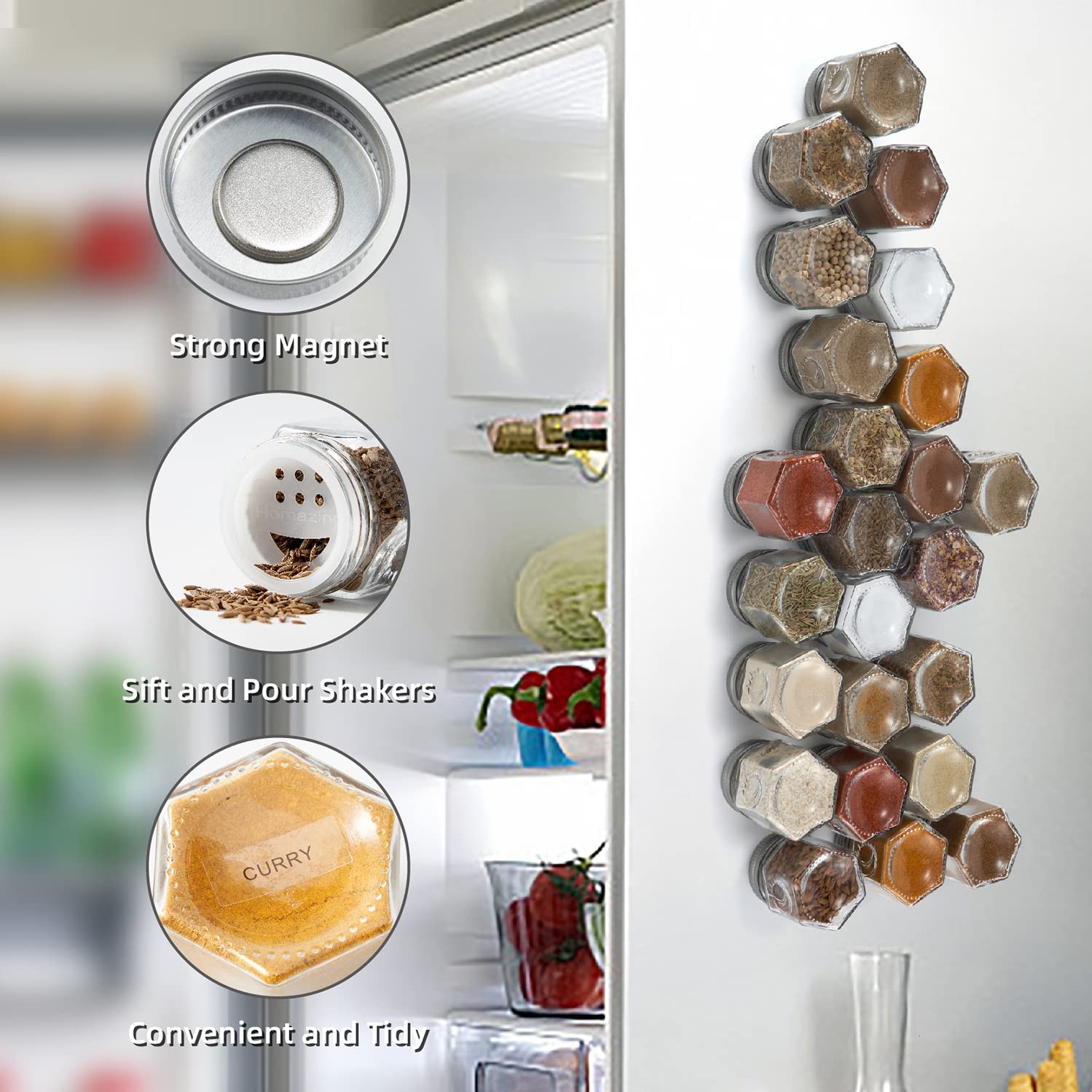 Set of 24 Hexagon Glass Spice Jars with Shaker Lids and Labels for Refrigerat…