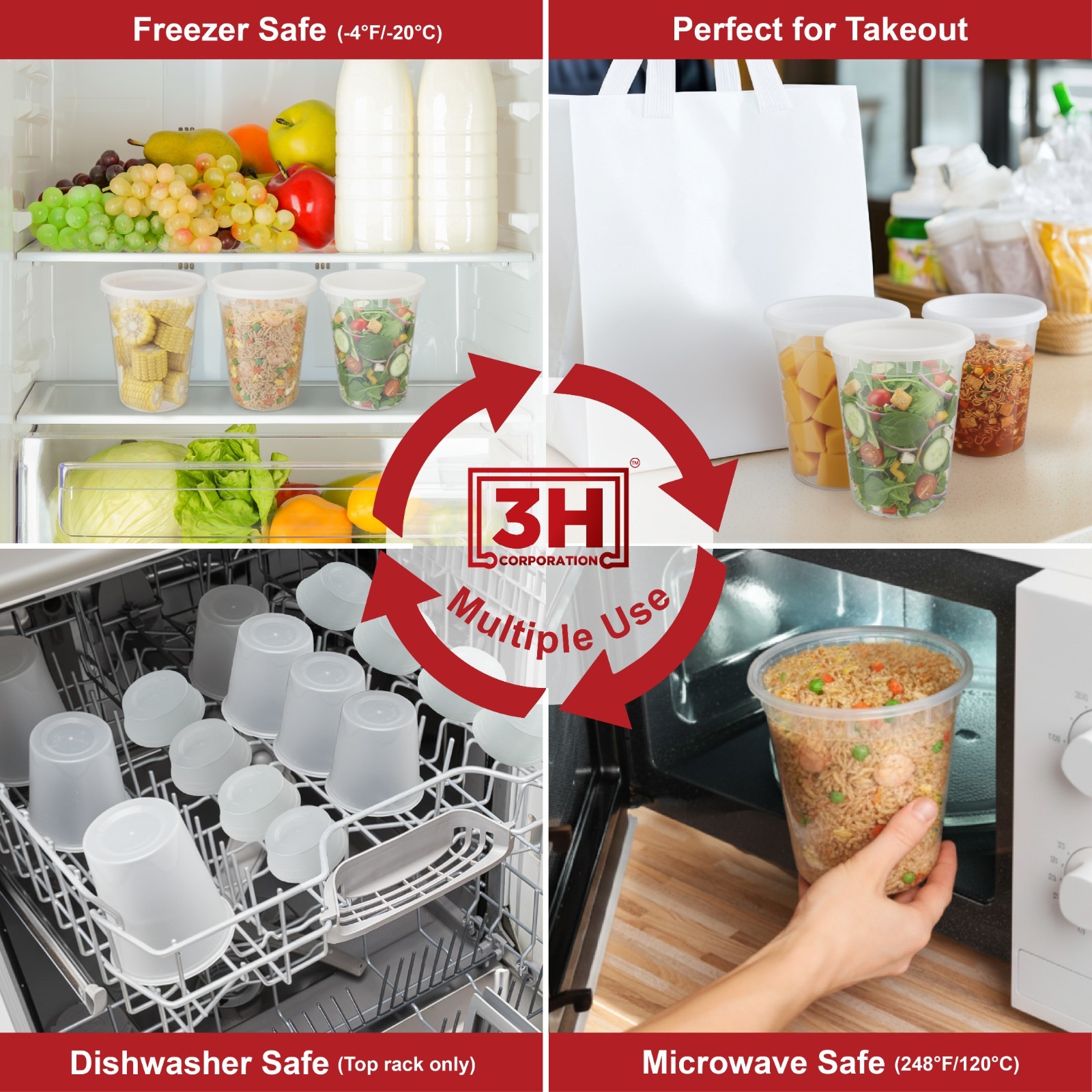 3H 32 oz Food Storage Containers with Lids (240 Set) Deli Containers with lids
