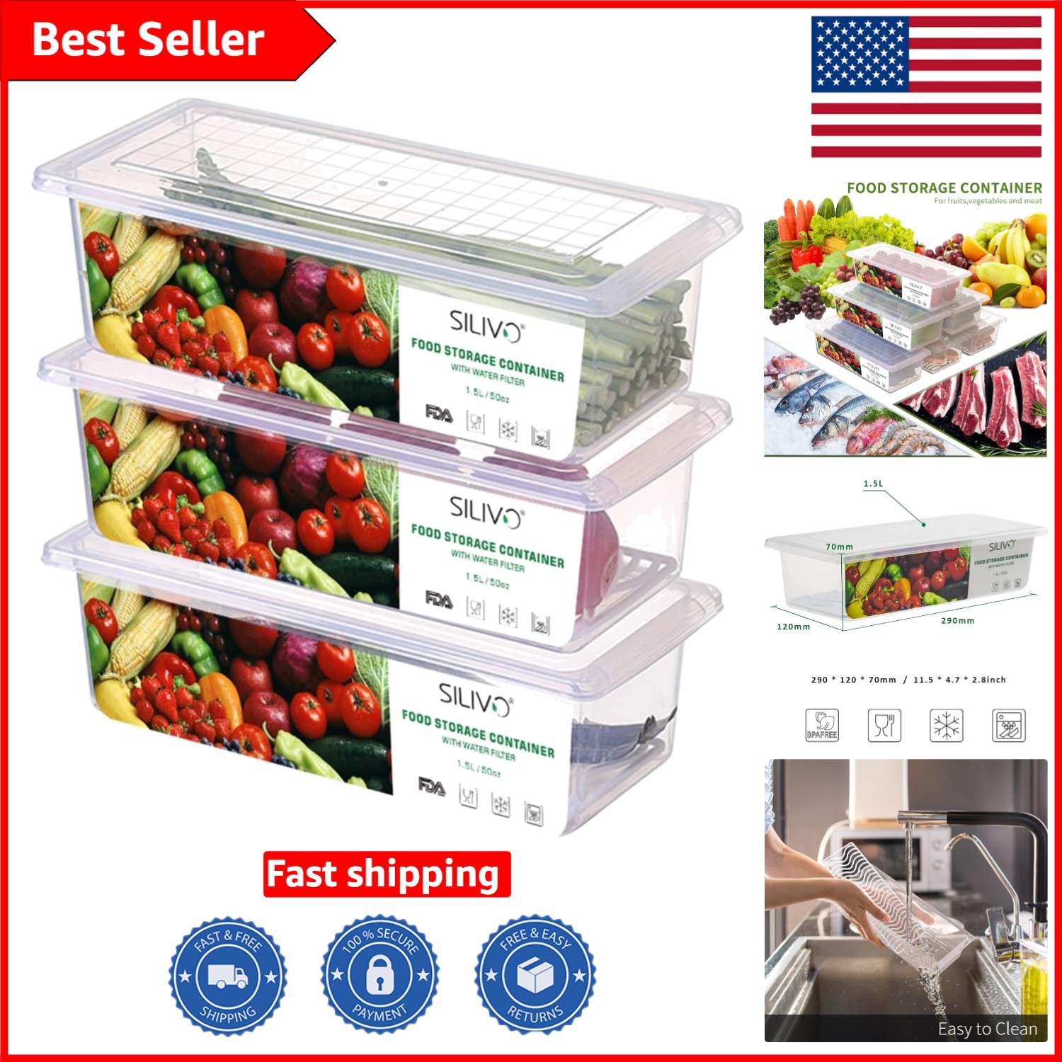 3 Pack BPA-Free Fruit Storage Containers with Drain System – 1.5L Fresh Keepers