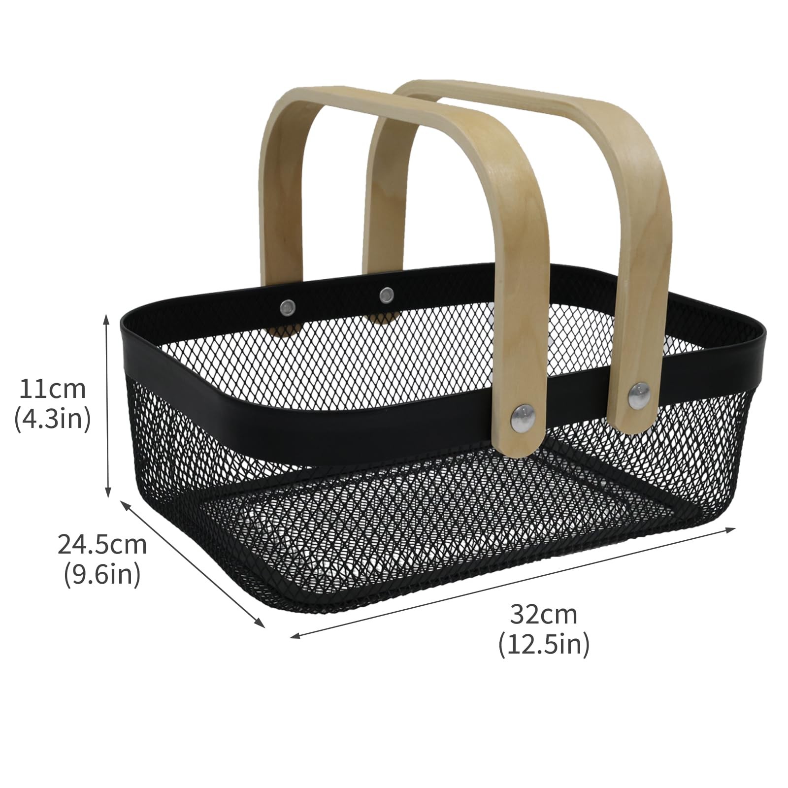 2 Set Potato Onion Storage Bin Fruit Basket Metal Wire Wooden Handle Black
