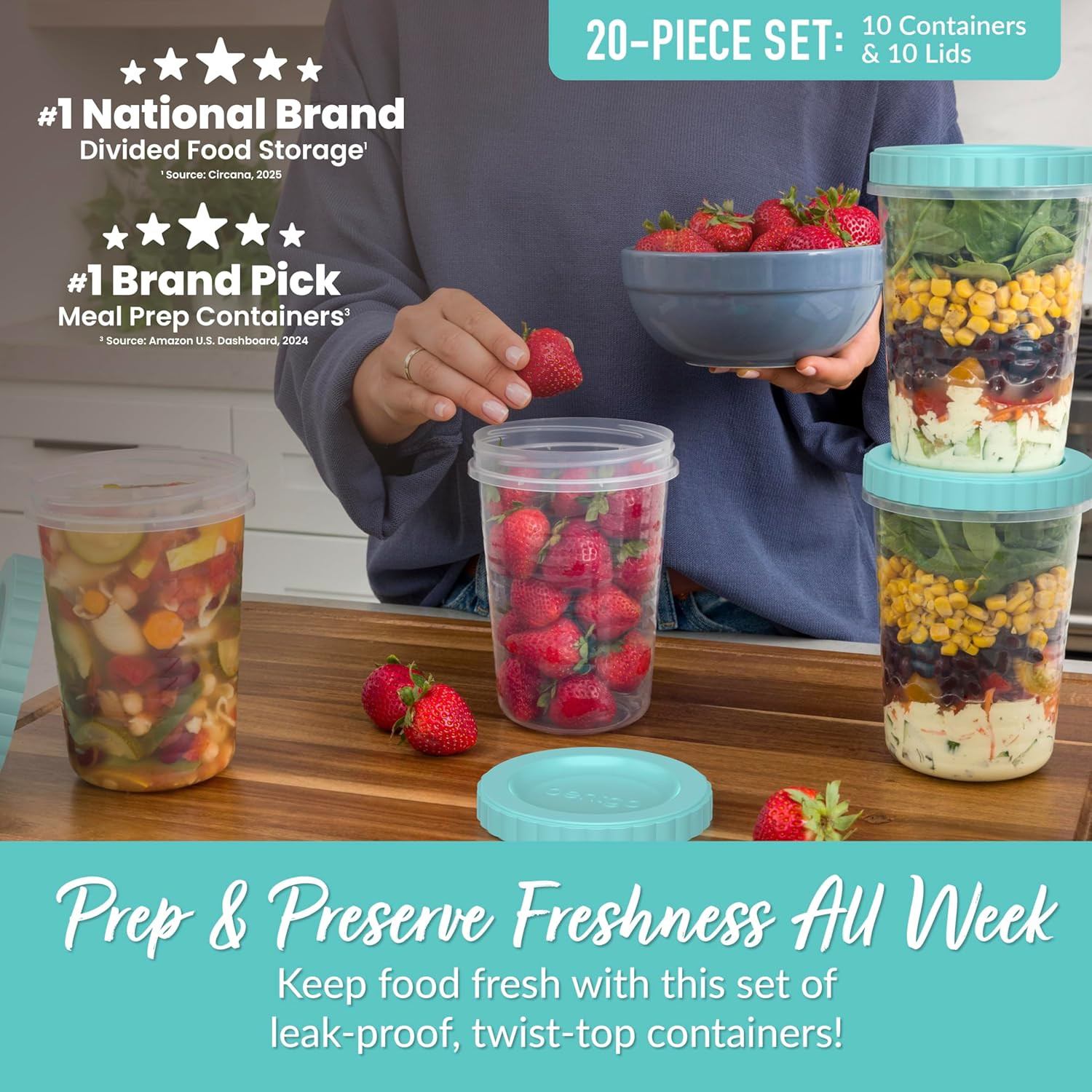 Prep – 20 Piece 32 Fl Oz Leak-Proof Deli Containers with Lids, Food Storage for