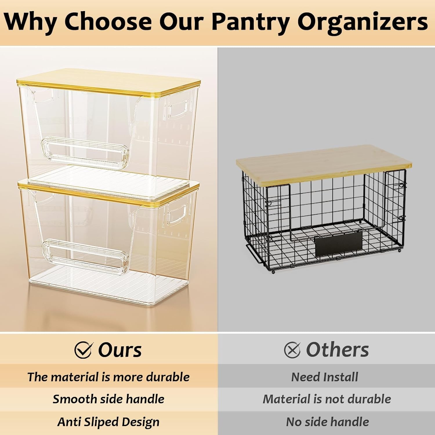 Clear Acrylic Pantry Organizers 4pk, Stackable, Bamboo Lid, Kitchen Solution